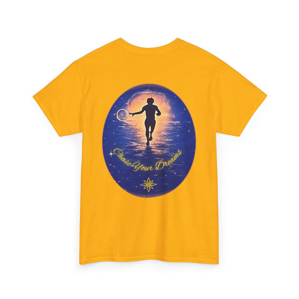 Chase Your Dreams – Sunrise Silhouette Back Printed Heavy Cotton Tee, Inspirational and Motivational Apparel, Gift for Dreamers, Creative Expression Wear