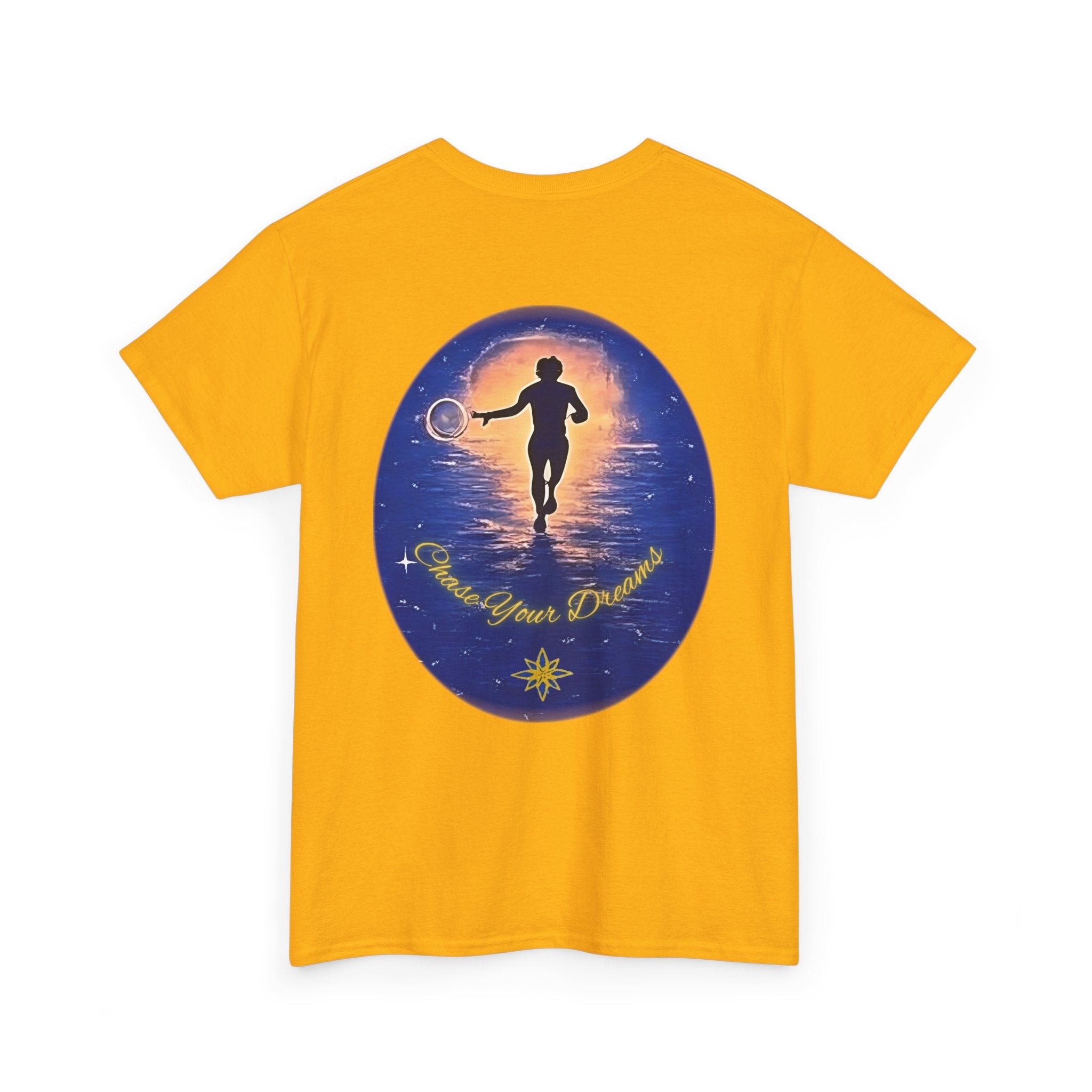 Chase Your Dreams – Sunrise Silhouette Back Printed Heavy Cotton Tee, Inspirational and Motivational Apparel, Gift for Dreamers, Creative Expression Wear