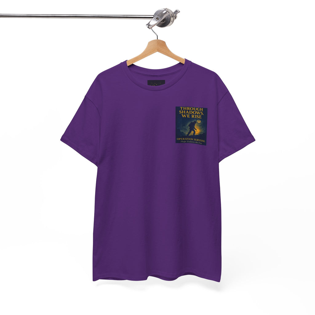 Through Shadows, We Rise - Back-print Cinematic Artwork Operation Survival Tee. Inspirational and Motivational Apparel, Gift for Dreamers, Creative Expression Wear