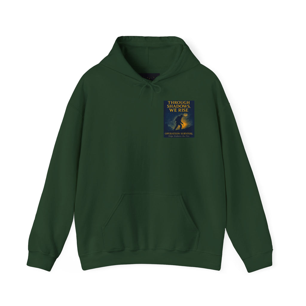 Through Shadows, We Rise – Back-print Cinematic Artwork Operation Survival Hoodie  | Gildan Heavy Blend™ 18500 — Inspirational and Motivational Apparel, Gift for Dreamers, Creative Expression Wear
