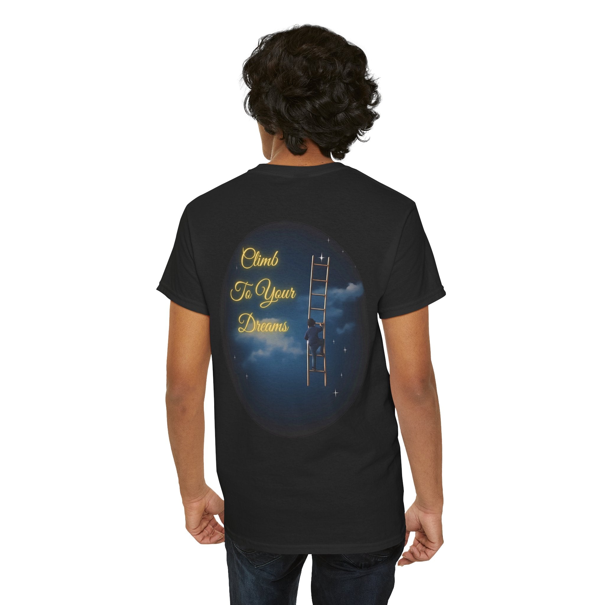 Climb To Your Dreams – Starry Night Ladder Back-Print Tee + Front Badge | Gildan 5000, Inspirational and Motivational Apparel, Gift for Dreamers, Creative Expression Wear