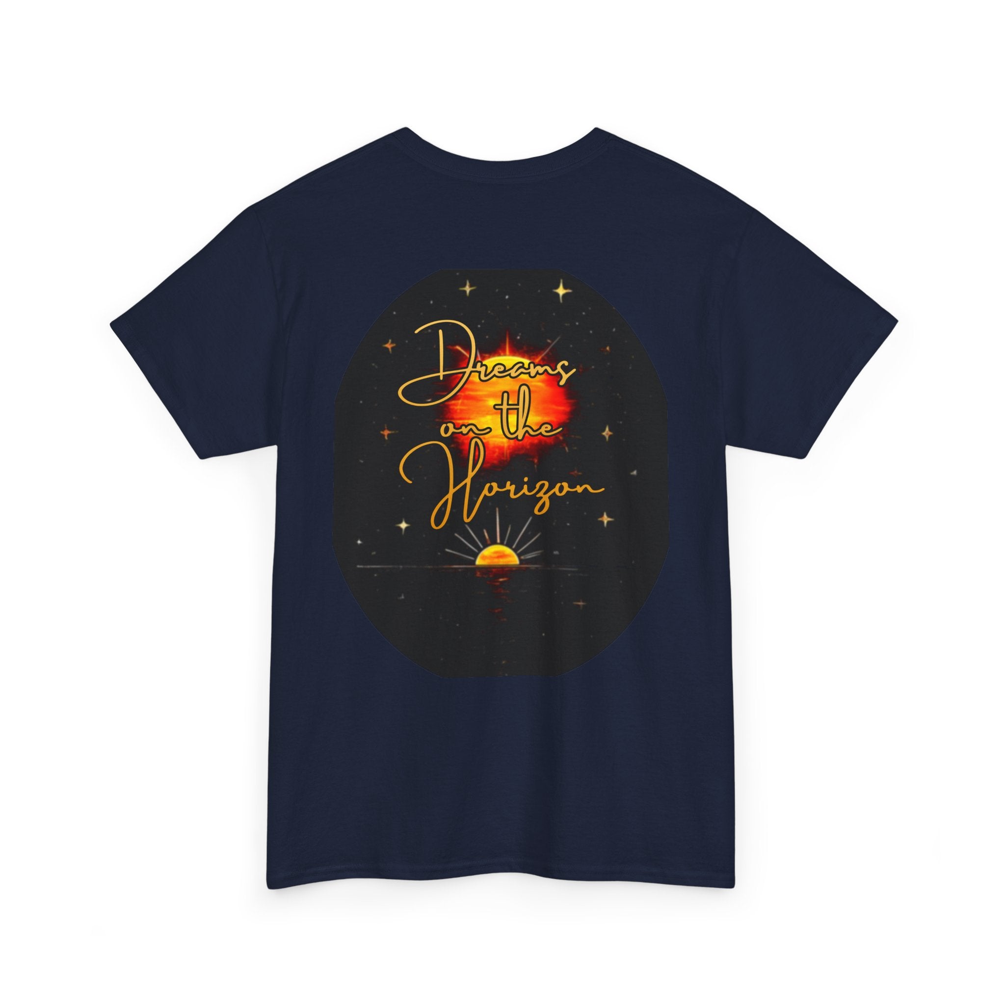 Dreams on the Horizon – Sunrise Back-Print Heavy Cotton Tee, Inspirational and Motivational Apparel, Gift for Dreamers, Creative Expression Wear