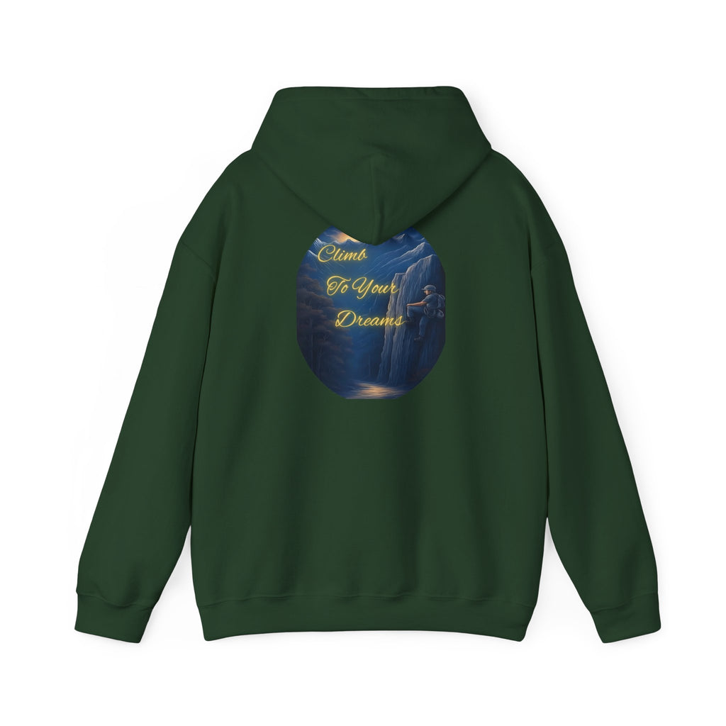 Climb To Your Dreams - Mountain Sunrise Hoodie | Back Glow Print + Front Badge | Heavy Blend™, Inspirational and Motivational Apparel, Gift for Dreamers, Creative Expression Wear