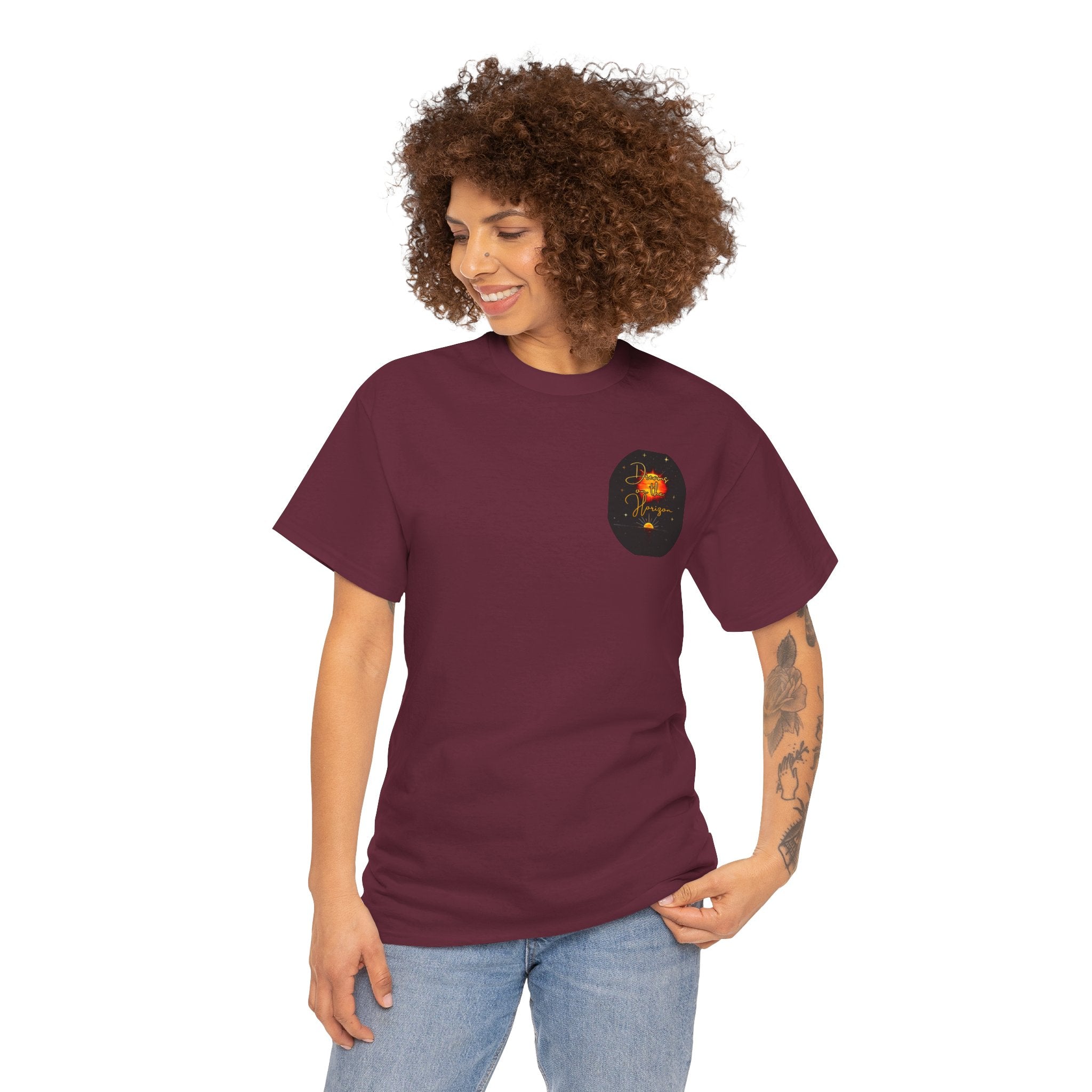 Dreams on the Horizon – Sunrise Back-Print Heavy Cotton Tee, Inspirational and Motivational Apparel, Gift for Dreamers, Creative Expression Wear