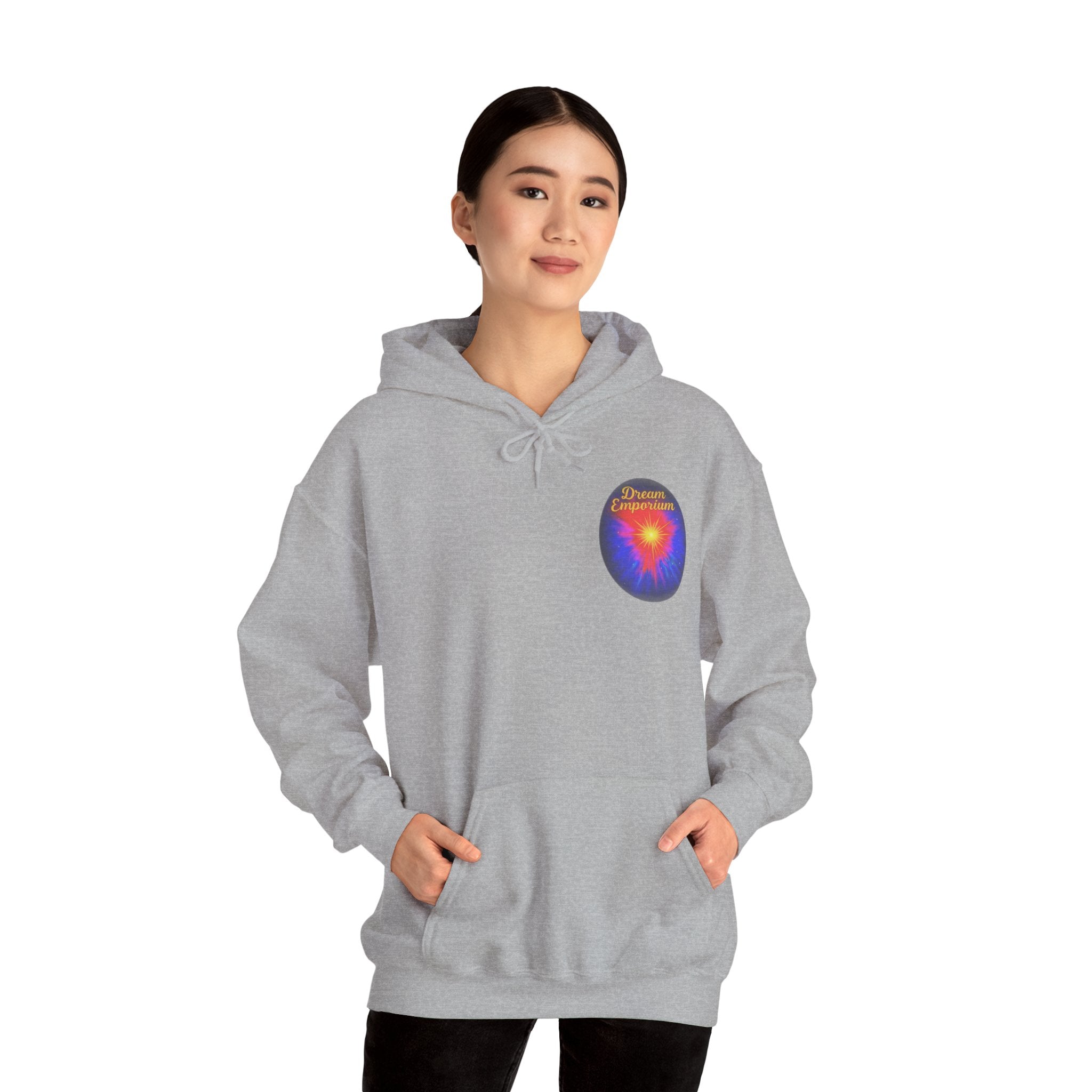 Dream Emporium – Back Printed Radiant Starburst Heavy Blend™ Hooded Sweatshirt, Inspirational and Motivational Apparel, Gift for Dreamers, Creative Expression Wear