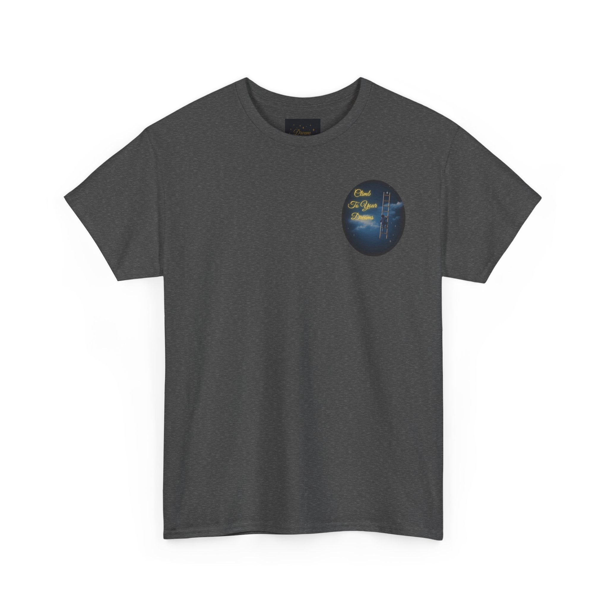 Climb To Your Dreams – Starry Night Ladder Back-Print Tee + Front Badge | Gildan 5000, Inspirational and Motivational Apparel, Gift for Dreamers, Creative Expression Wear