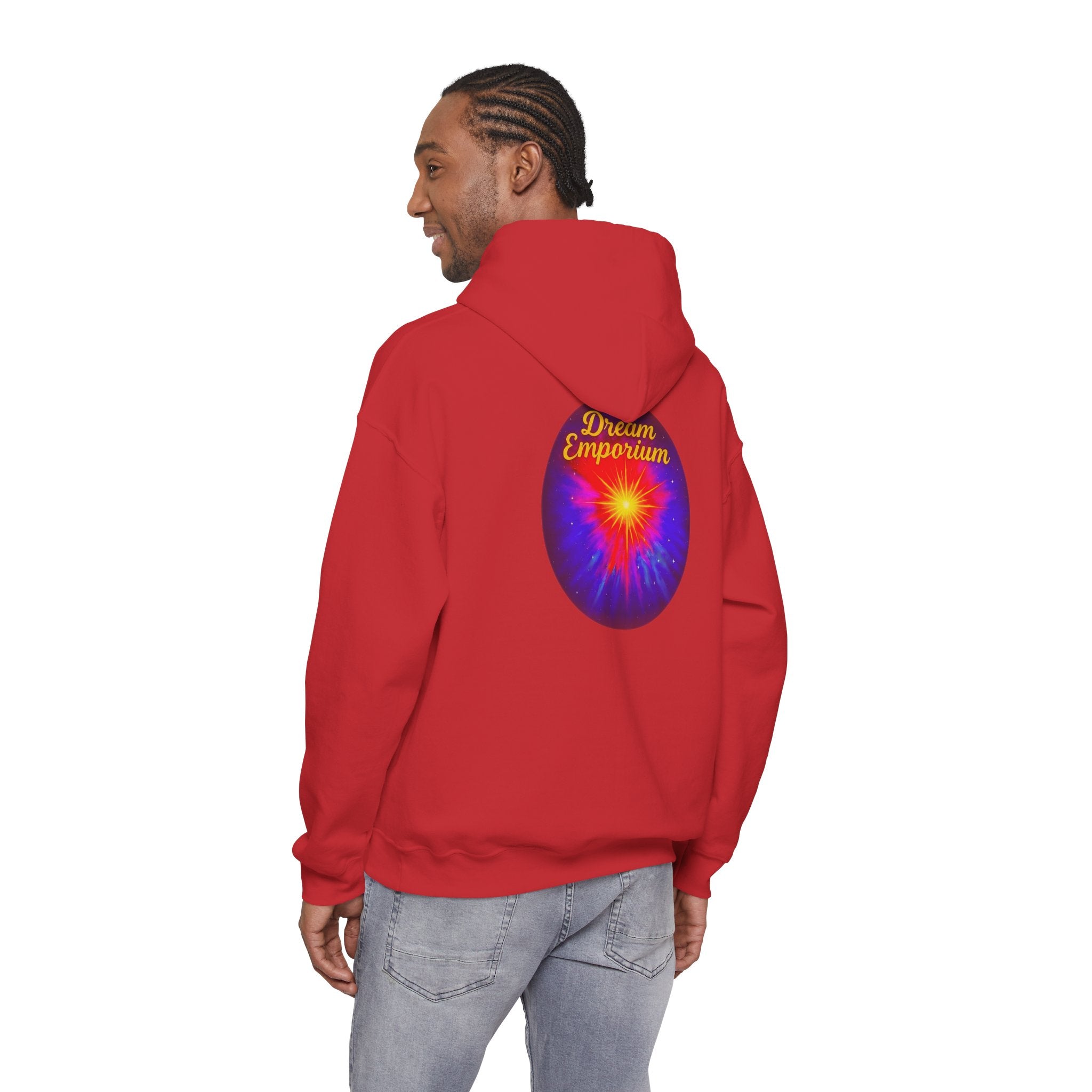 Dream Emporium – Back Printed Radiant Starburst Heavy Blend™ Hooded Sweatshirt, Inspirational and Motivational Apparel, Gift for Dreamers, Creative Expression Wear