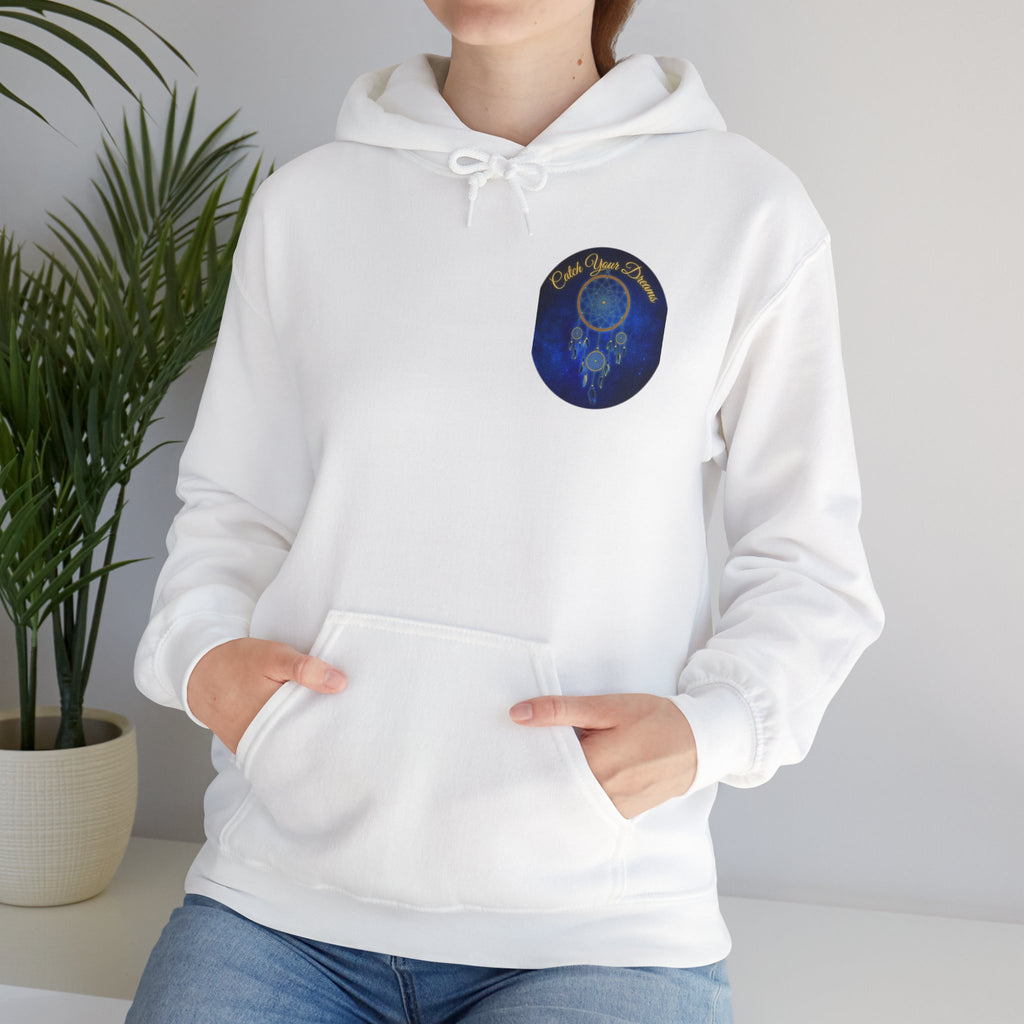 Catch Your Dream – Dreamcatcher Back Print Hooded Sweatshirt, Inspirational and Motivational Apparel, Gift for Dreamers, Creative Expression Wear