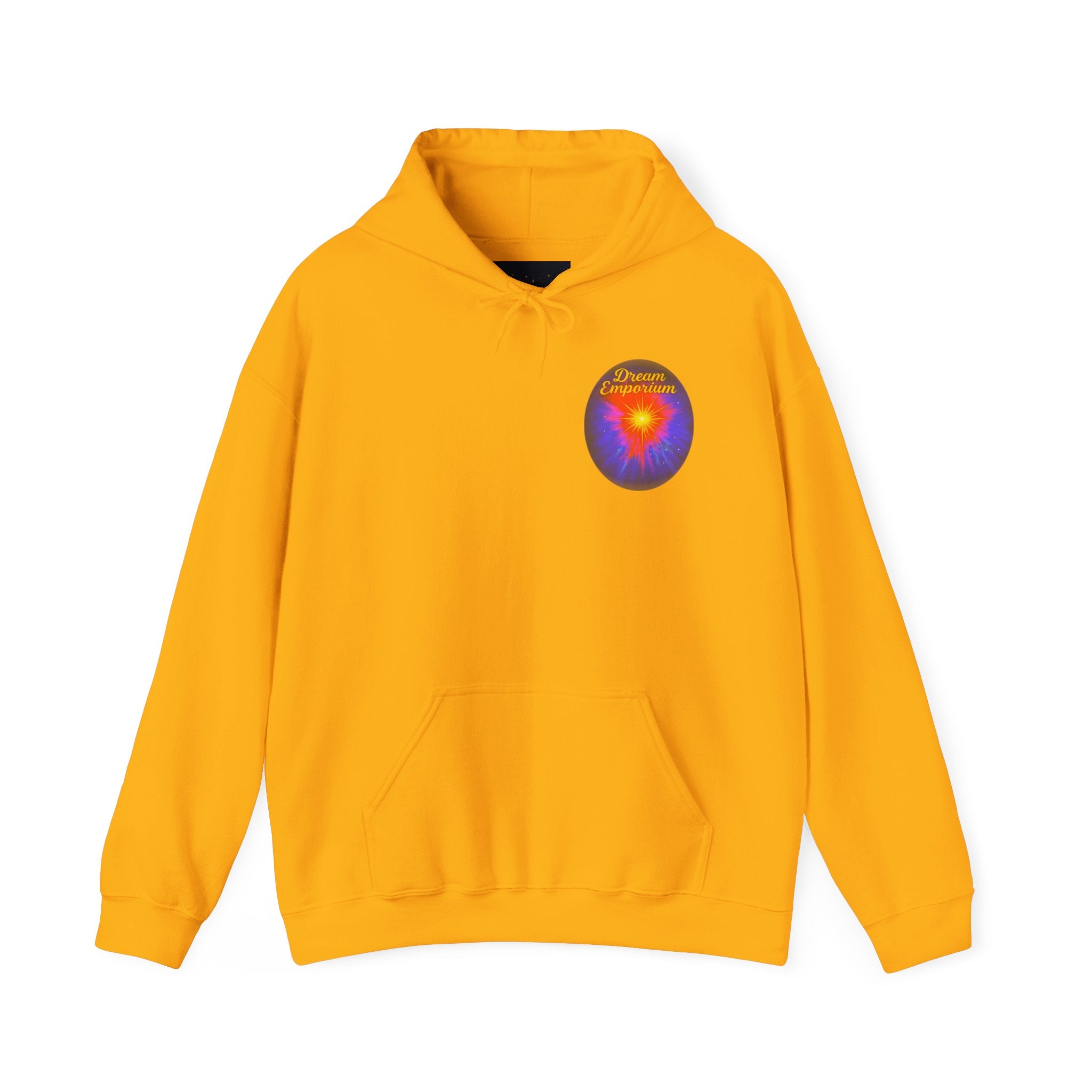 Dream Emporium – Back Printed Radiant Starburst Heavy Blend™ Hooded Sweatshirt, Inspirational and Motivational Apparel, Gift for Dreamers, Creative Expression Wear