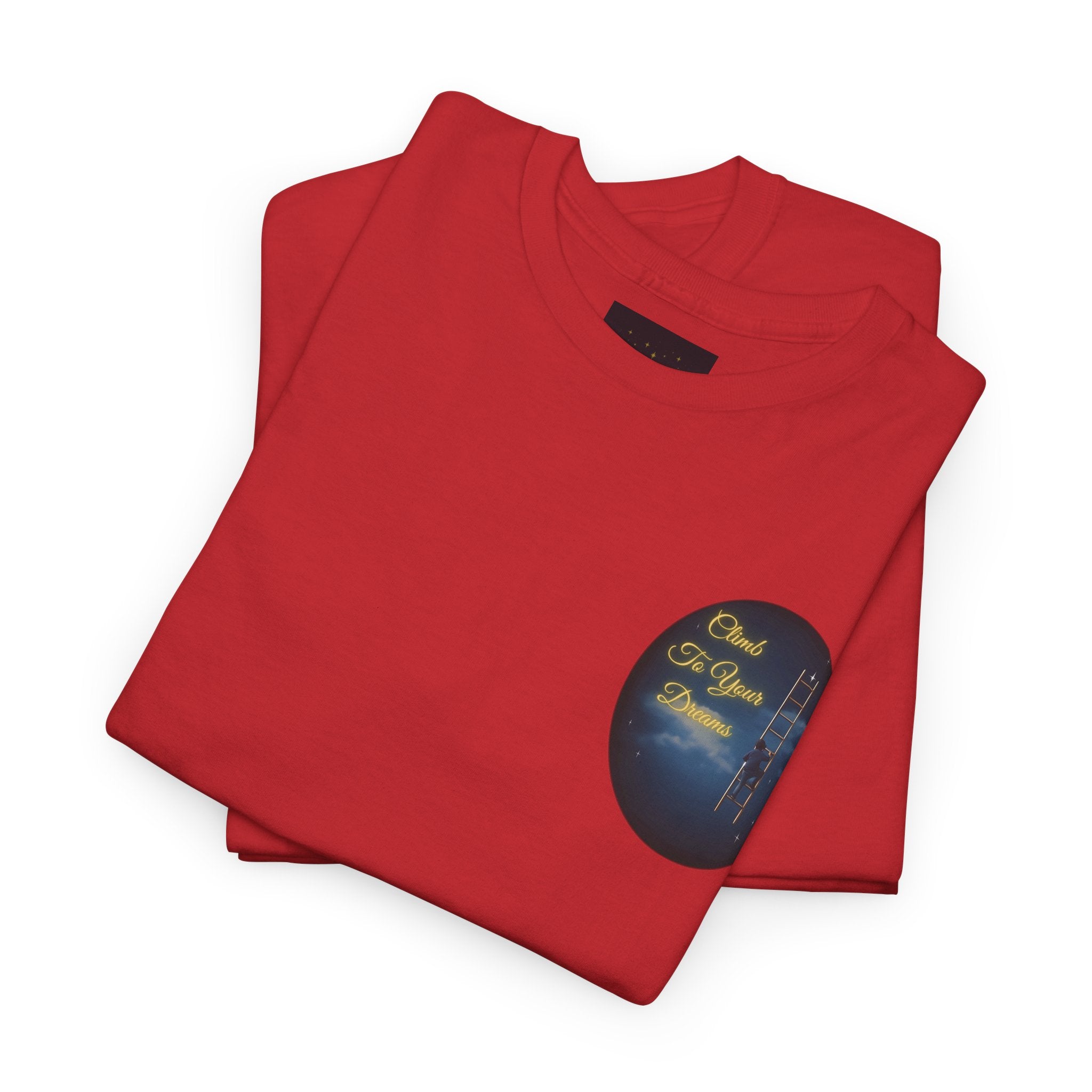 Climb To Your Dreams – Starry Night Ladder Back-Print Tee + Front Badge | Gildan 5000, Inspirational and Motivational Apparel, Gift for Dreamers, Creative Expression Wear