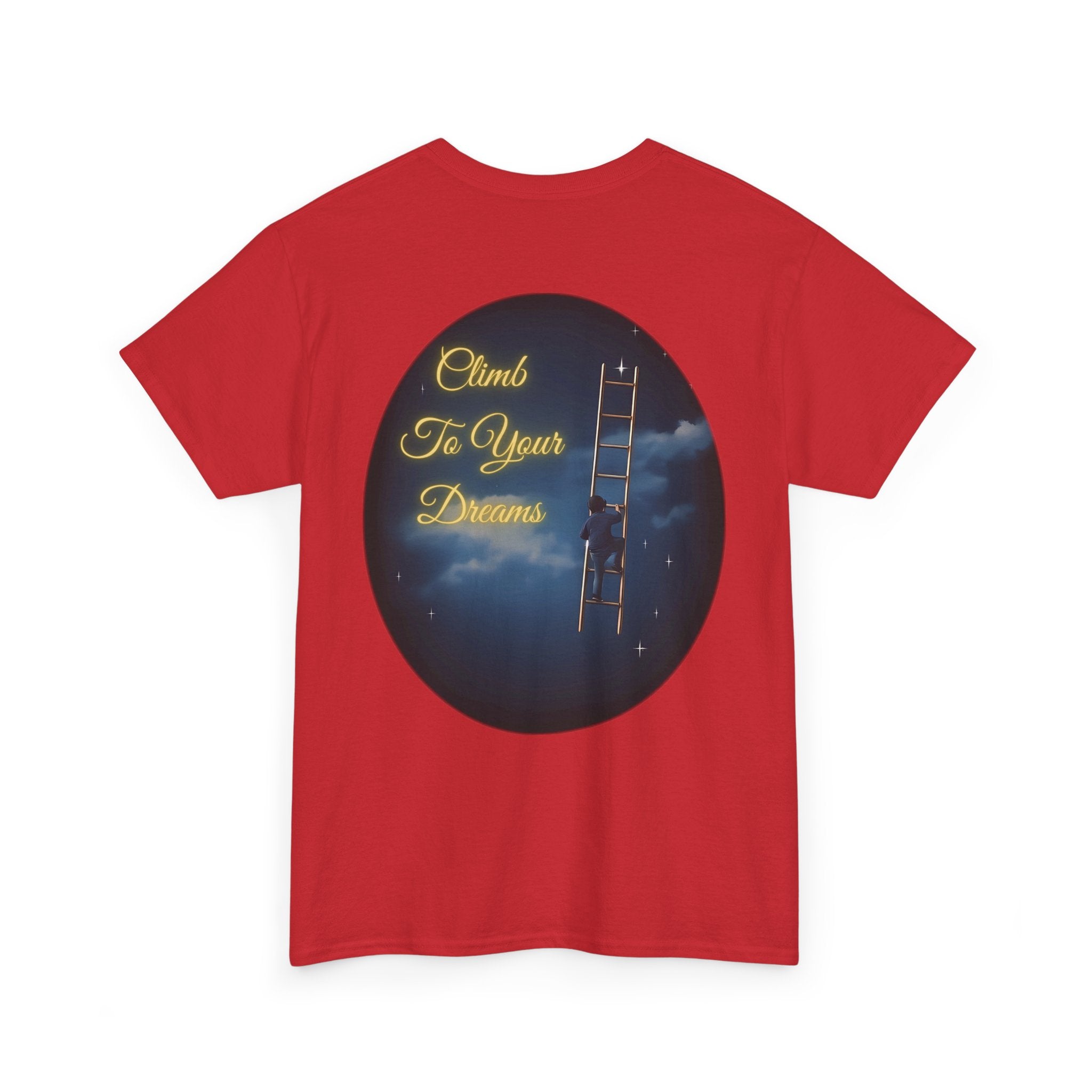 Climb To Your Dreams – Starry Night Ladder Back-Print Tee + Front Badge | Gildan 5000, Inspirational and Motivational Apparel, Gift for Dreamers, Creative Expression Wear