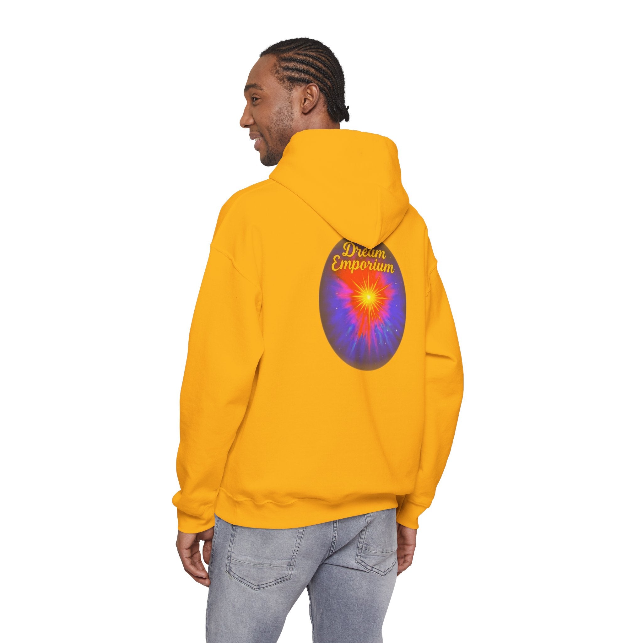 Dream Emporium – Back Printed Radiant Starburst Heavy Blend™ Hooded Sweatshirt, Inspirational and Motivational Apparel, Gift for Dreamers, Creative Expression Wear