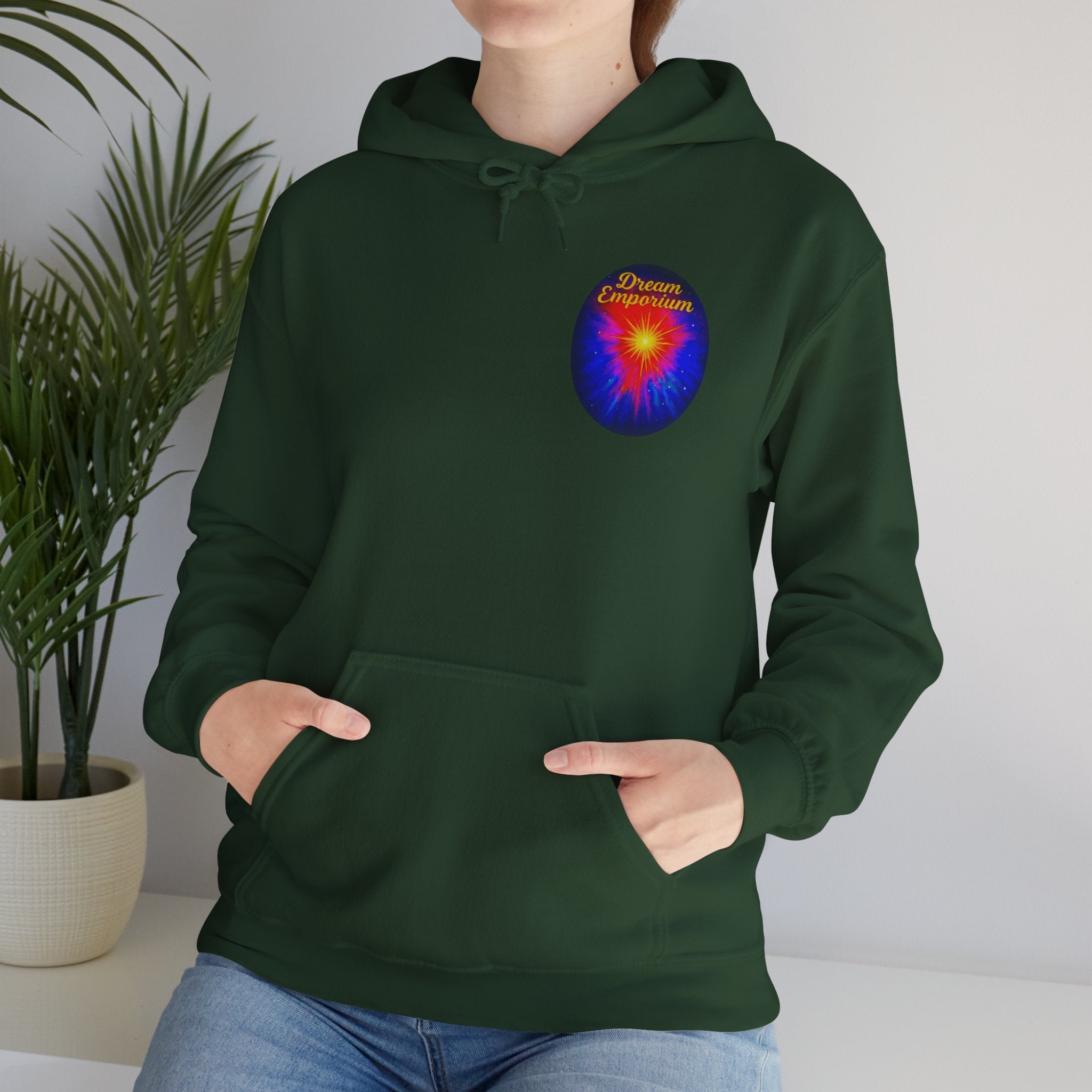 Dream Emporium – Back Printed Radiant Starburst Heavy Blend™ Hooded Sweatshirt, Inspirational and Motivational Apparel, Gift for Dreamers, Creative Expression Wear