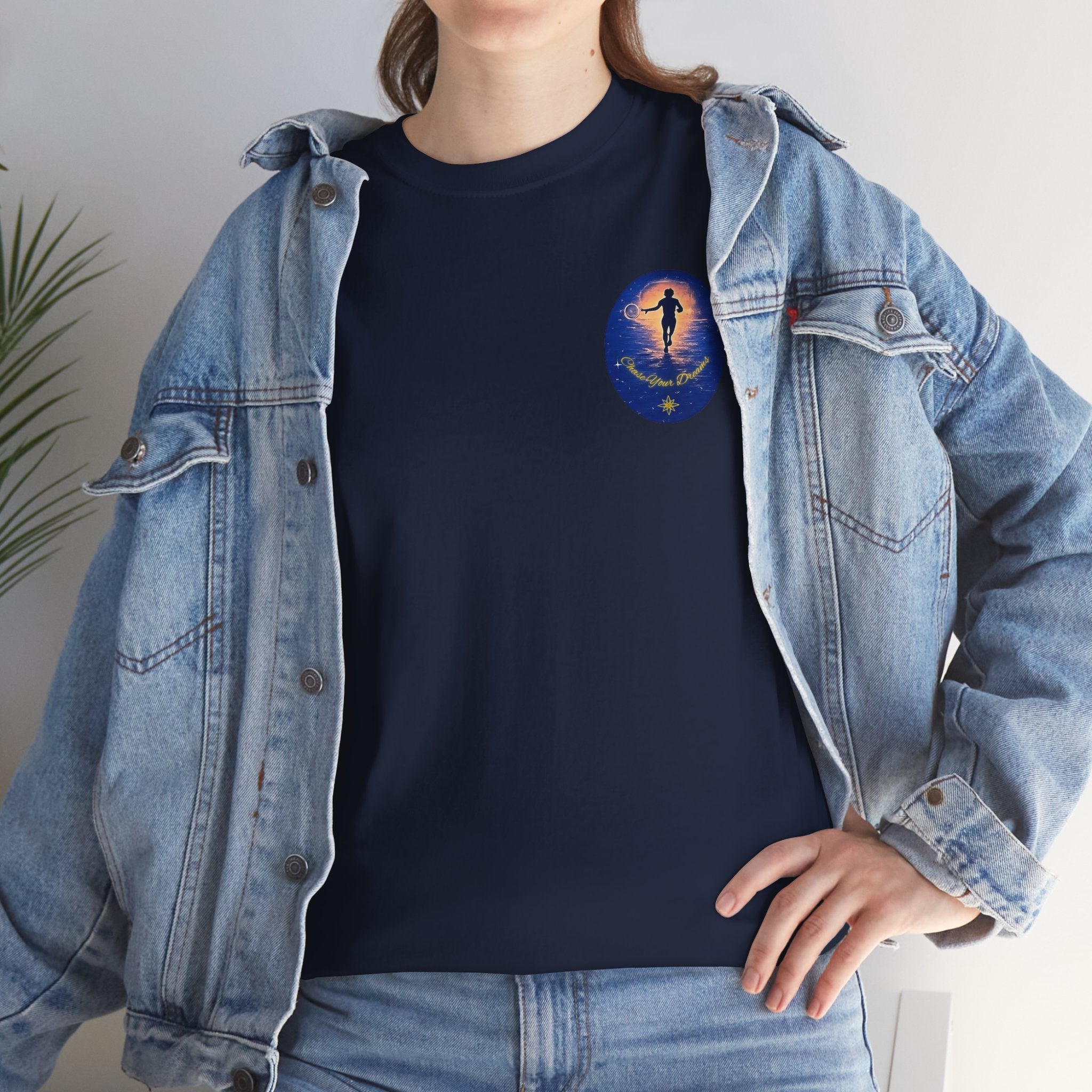 Chase Your Dreams – Sunrise Silhouette Back Printed Heavy Cotton Tee, Inspirational and Motivational Apparel, Gift for Dreamers, Creative Expression Wear