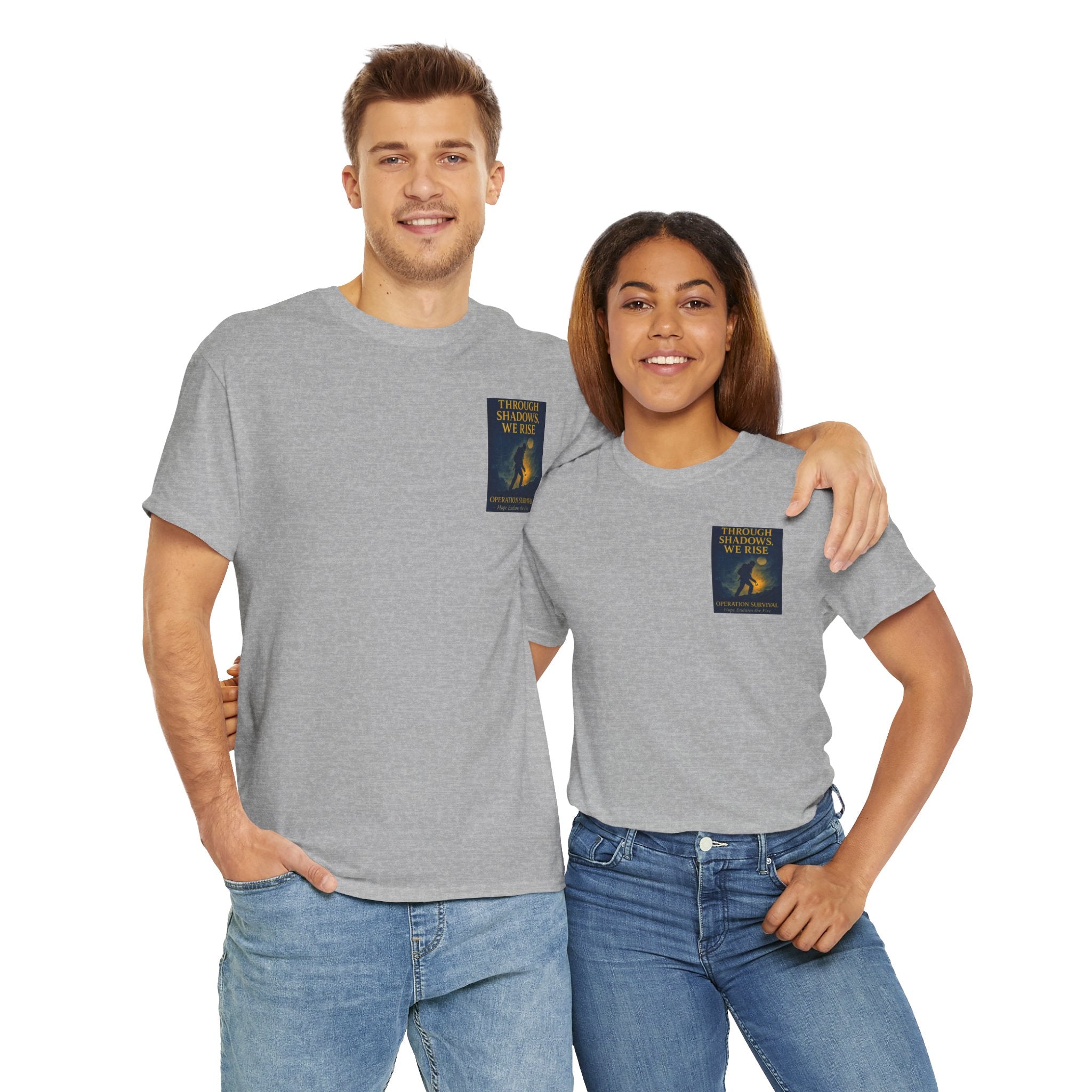 Through Shadows, We Rise - Back-print Cinematic Artwork Operation Survival Tee. Inspirational and Motivational Apparel, Gift for Dreamers, Creative Expression Wear
