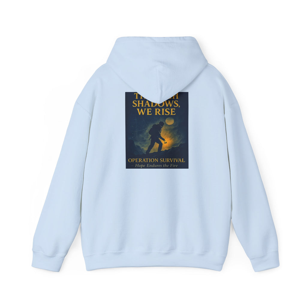 Through Shadows, We Rise – Back-print Cinematic Artwork Operation Survival Hoodie  | Gildan Heavy Blend™ 18500 — Inspirational and Motivational Apparel, Gift for Dreamers, Creative Expression Wear