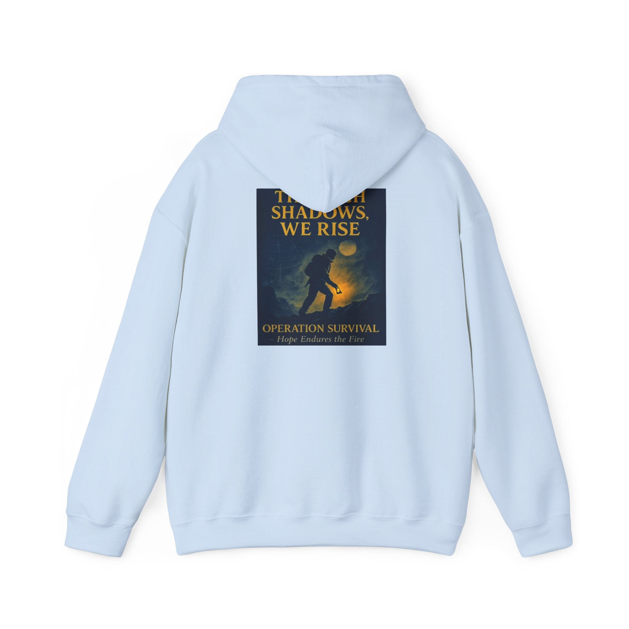 Through Shadows, We Rise – Back-print Cinematic Artwork Operation Survival Hoodie  | Gildan Heavy Blend™ 18500 — Inspirational and Motivational Apparel, Gift for Dreamers, Creative Expression Wear