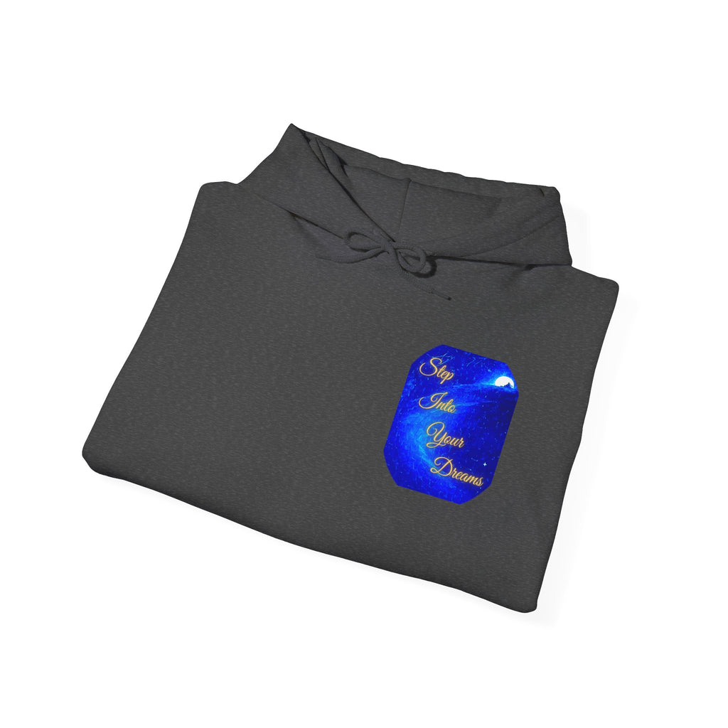 Step Into Your Dreams – Cosmic Gateway Back-print Hoodie | Tiny front badge | Gildan Heavy Blend™. Inspirational and Motivational Apparel, Gift for Dreamers, Creative Expression