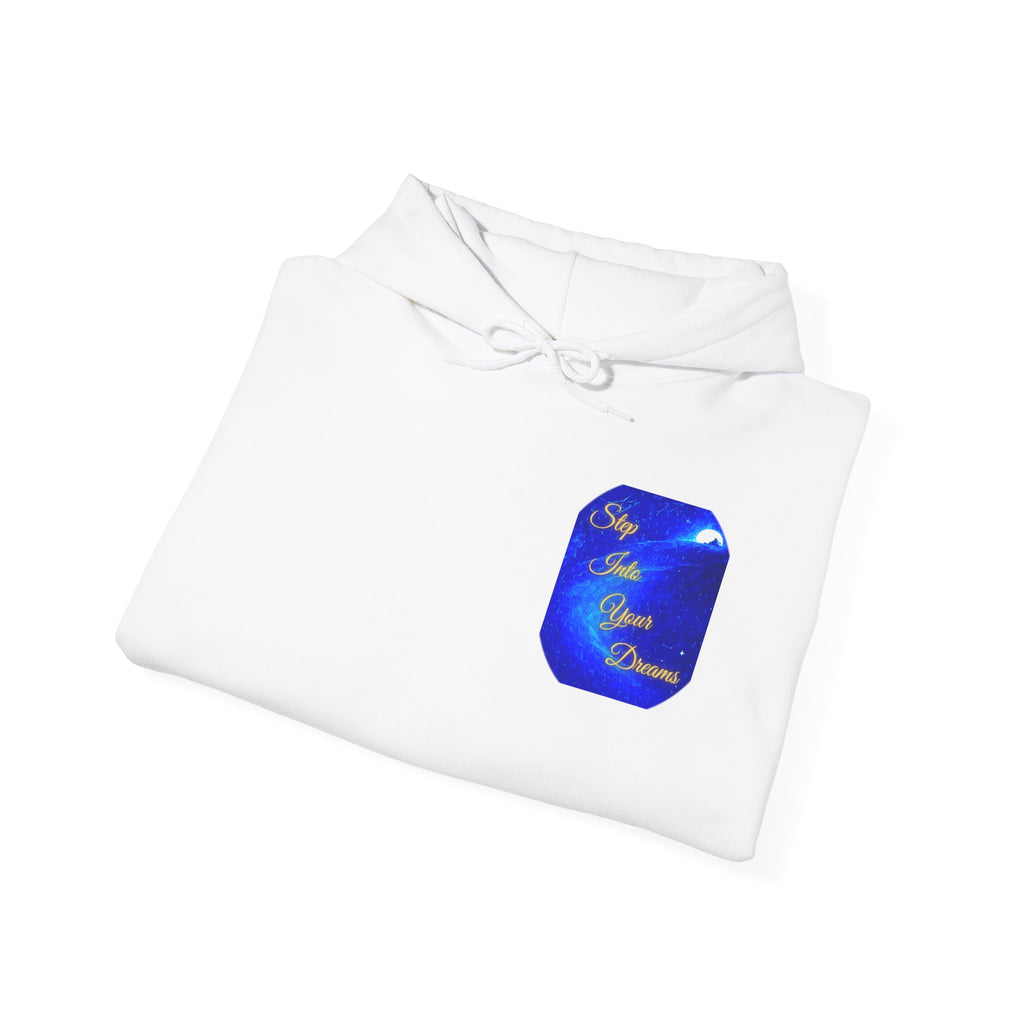 Step Into Your Dreams – Cosmic Gateway Back-print Hoodie | Tiny front badge | Gildan Heavy Blend™. Inspirational and Motivational Apparel, Gift for Dreamers, Creative Expression