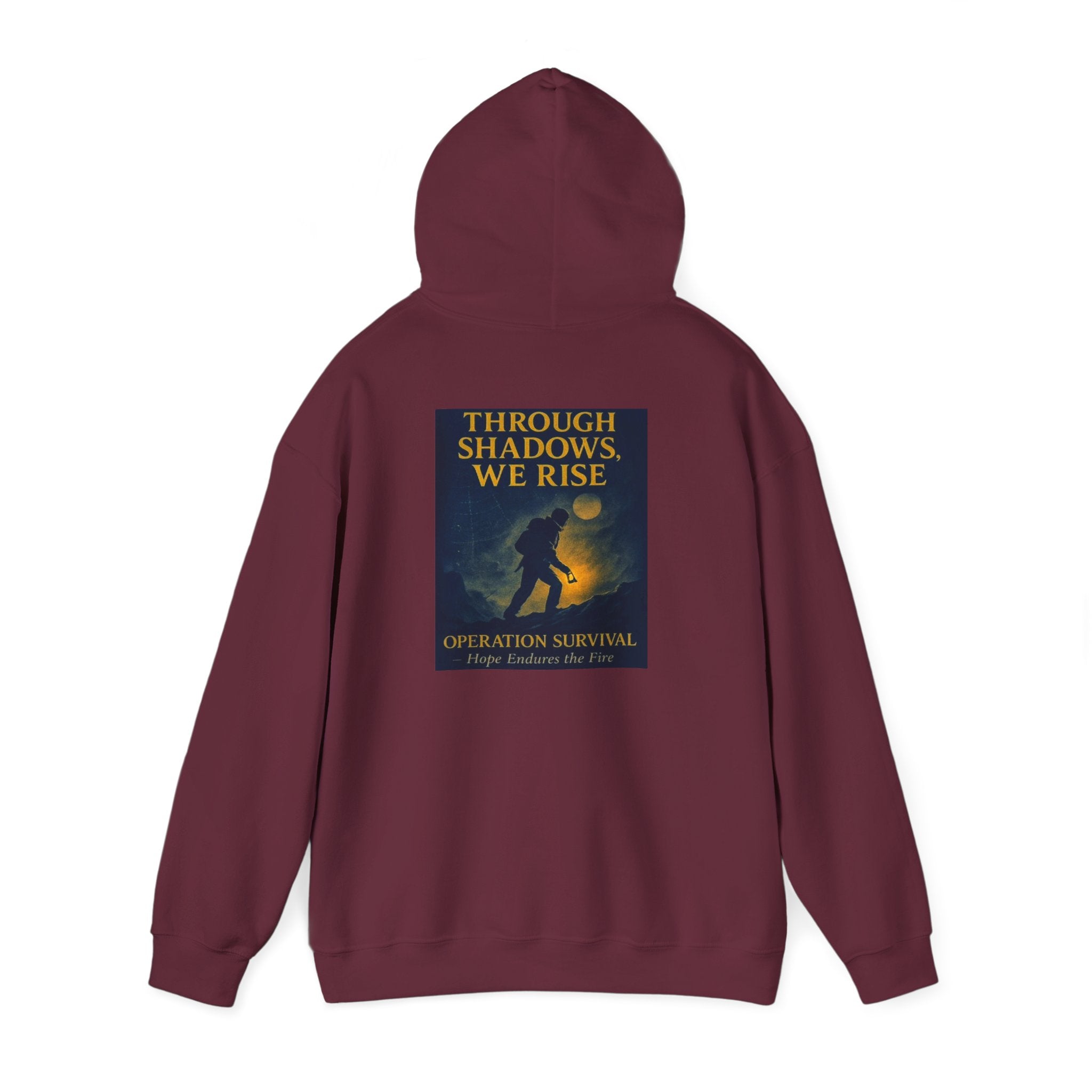 Through Shadows, We Rise – Back-print Cinematic Artwork Operation Survival Hoodie  | Gildan Heavy Blend™ 18500 — Inspirational and Motivational Apparel, Gift for Dreamers, Creative Expression Wear