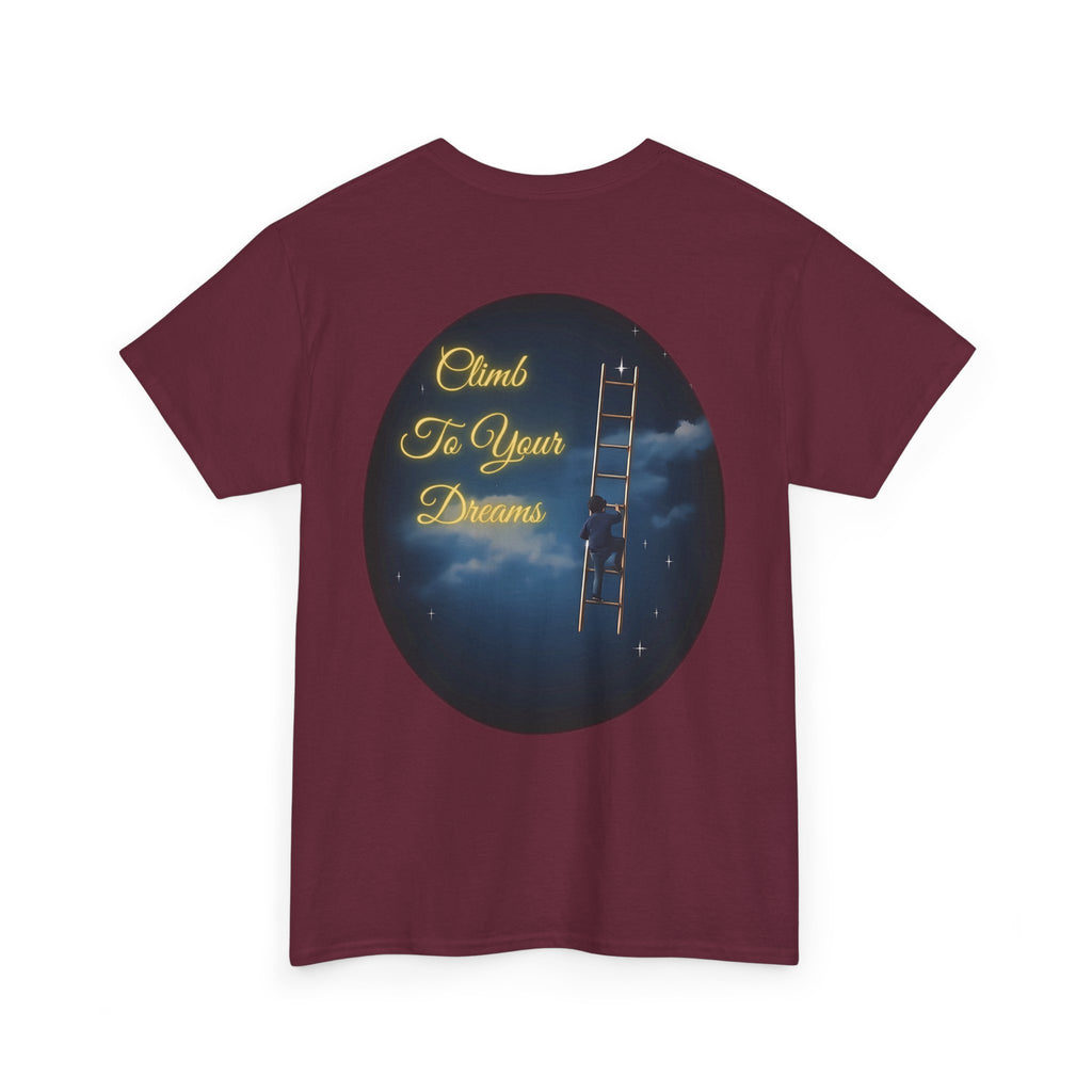 Climb To Your Dreams – Starry Night Ladder Back-Print Tee + Front Badge | Gildan 5000, Inspirational and Motivational Apparel, Gift for Dreamers, Creative Expression Wear