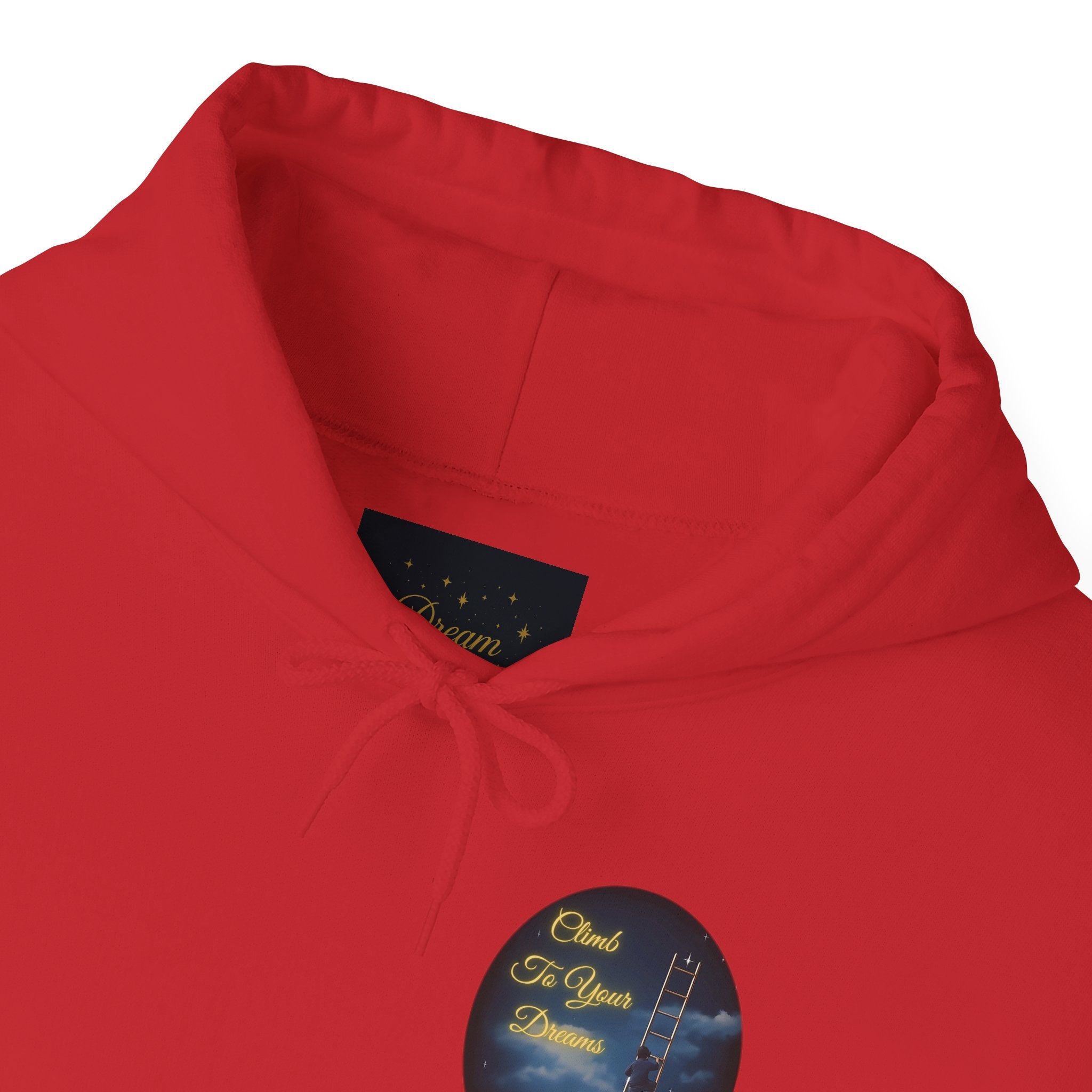 Climb To Your Dreams – Starry Night Ladder-to-Moon Back-Print Hoodie + Front Badge | Gildan 18500, Inspirational and Motivational Apparel, Gift for Dreamers, Creative Expression Wear