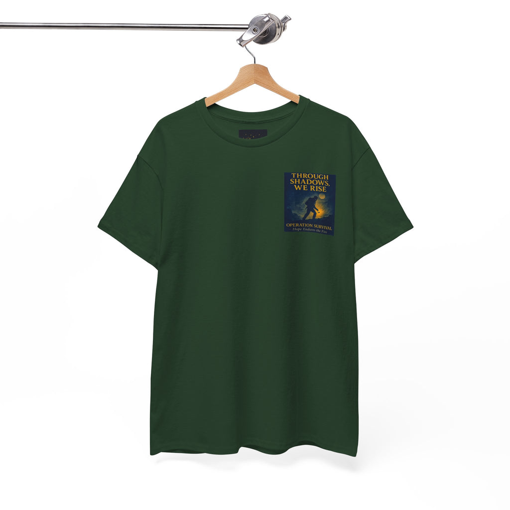 Through Shadows, We Rise - Back-print Cinematic Artwork Operation Survival Tee. Inspirational and Motivational Apparel, Gift for Dreamers, Creative Expression Wear