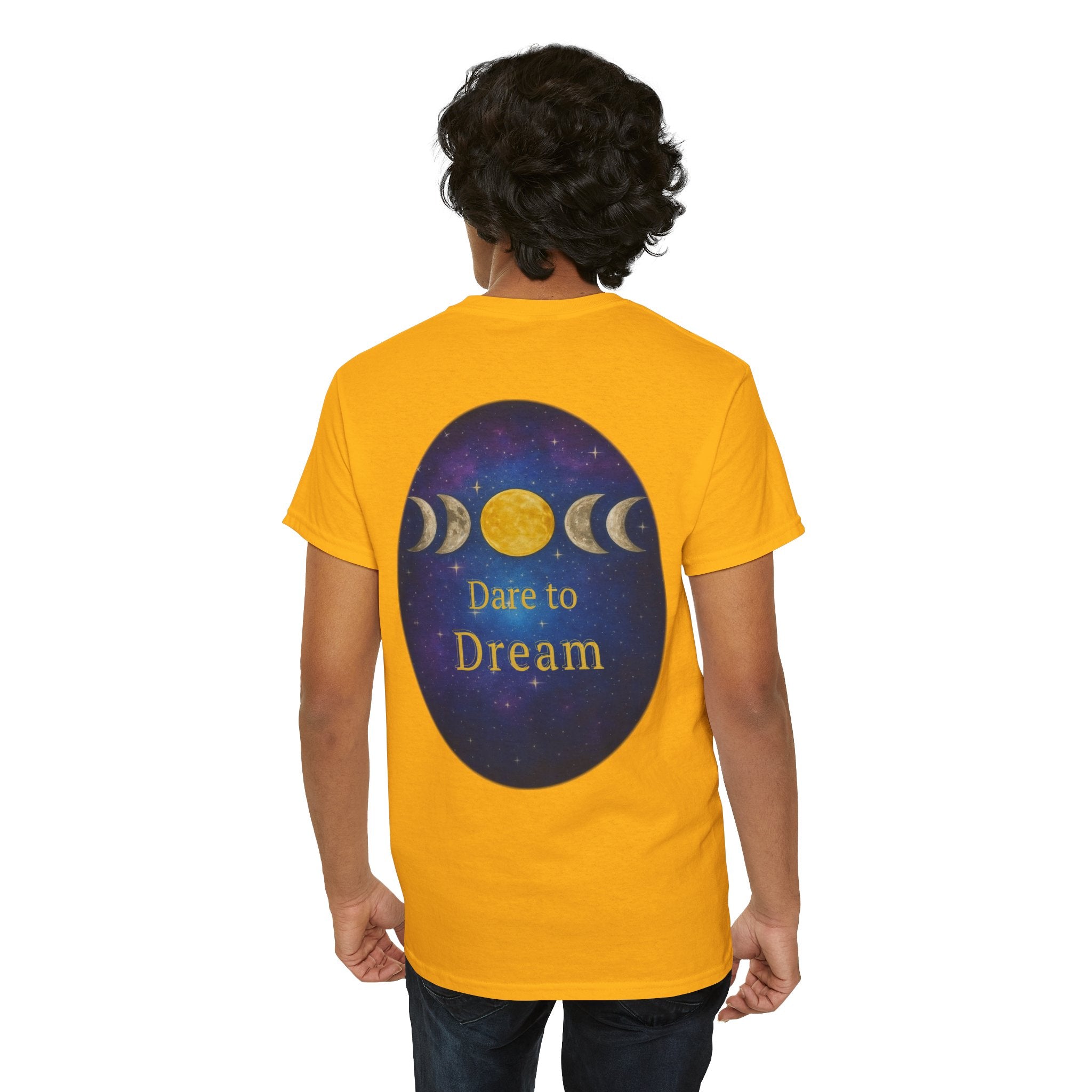 Dare to Dream Moon-Phase Tee – Golden Full Moon Back Print + Front Badge | Gildan 5000 Heavy Cotton, Inspirational and Motivational Apparel, Gift for Dreamers, Creative Expression Wear