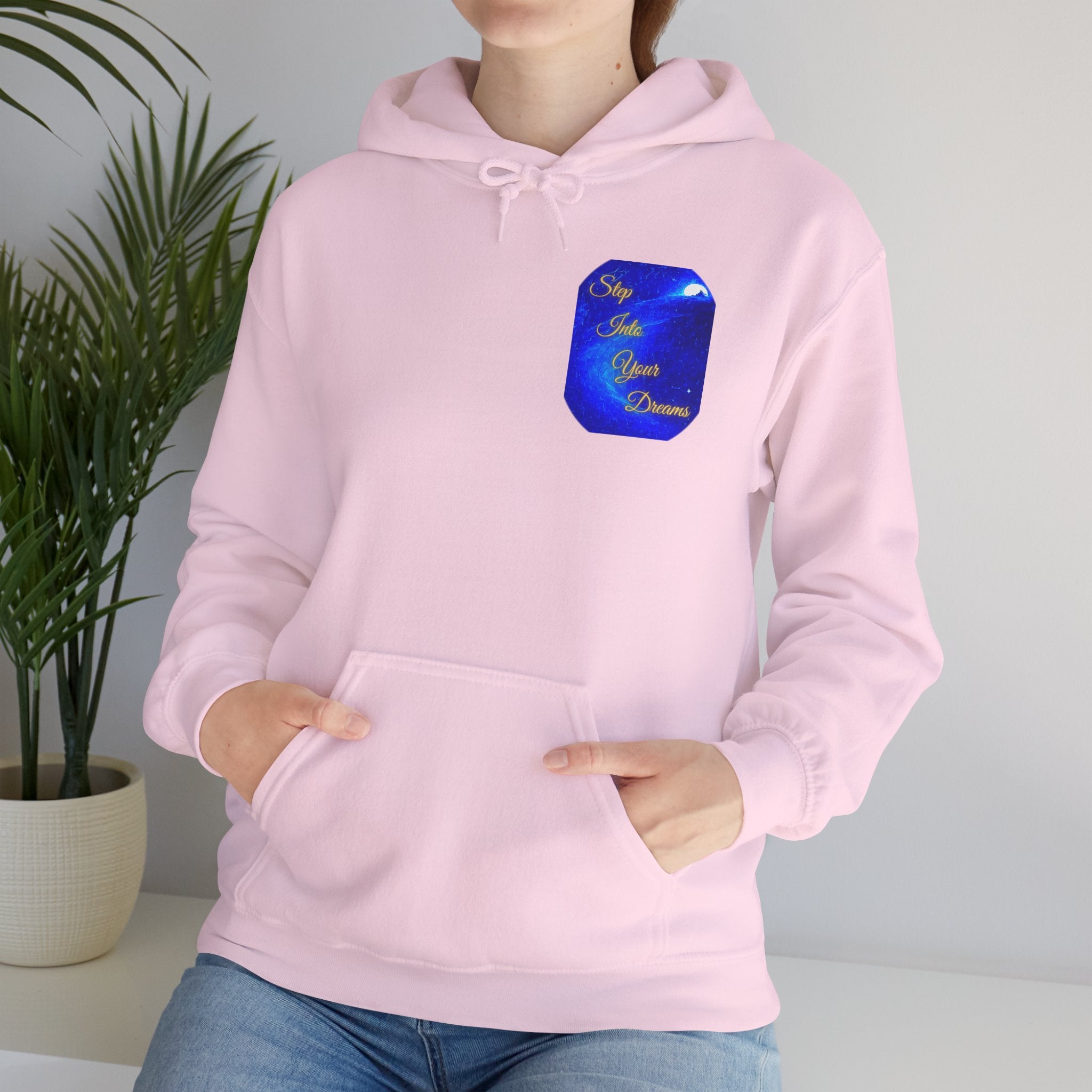 Step Into Your Dreams – Cosmic Gateway Back-print Hoodie | Tiny front badge | Gildan Heavy Blend™. Inspirational and Motivational Apparel, Gift for Dreamers, Creative Expression