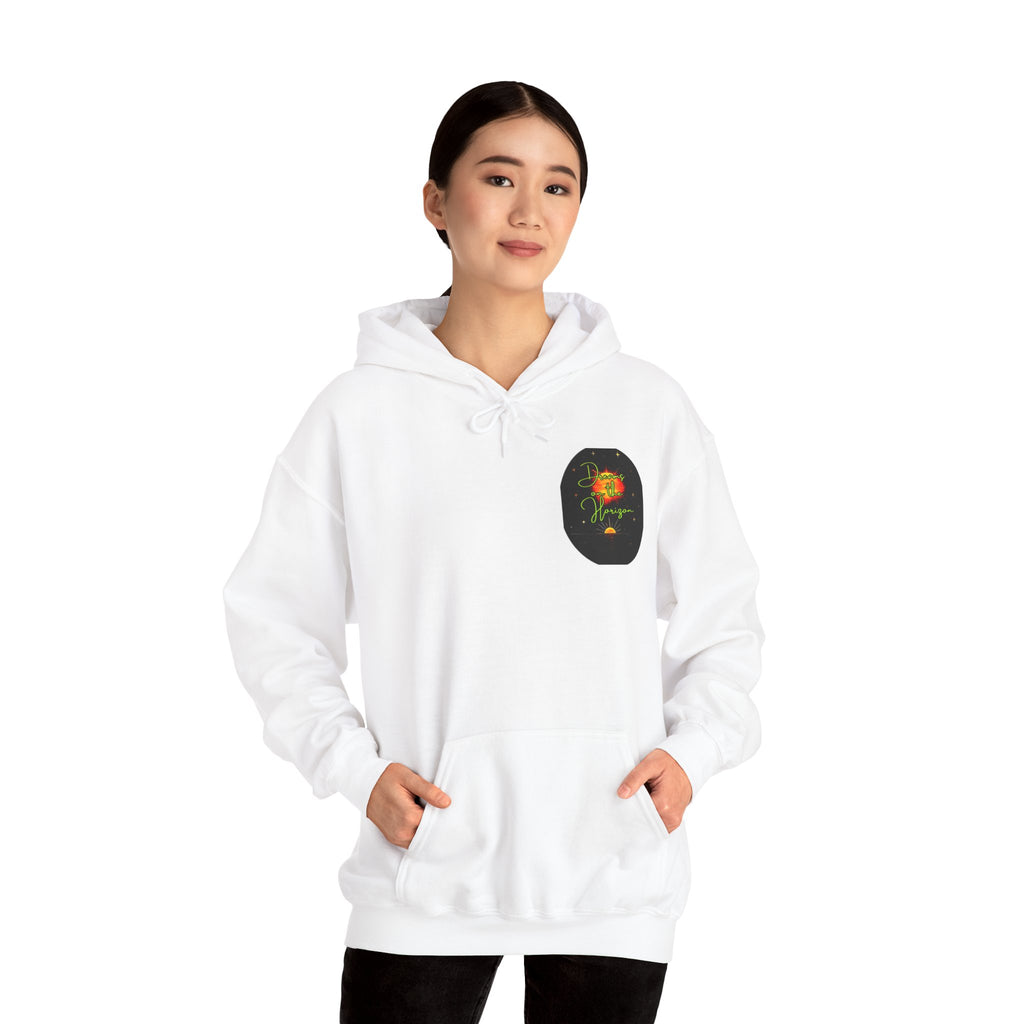 Dreams on the Horizon (Lemongrass) Sunrise Back Print Hooded Sweatshirt, Inspirational and Motivational Apparel, Gift for Dreamers, Creative Expression Wear