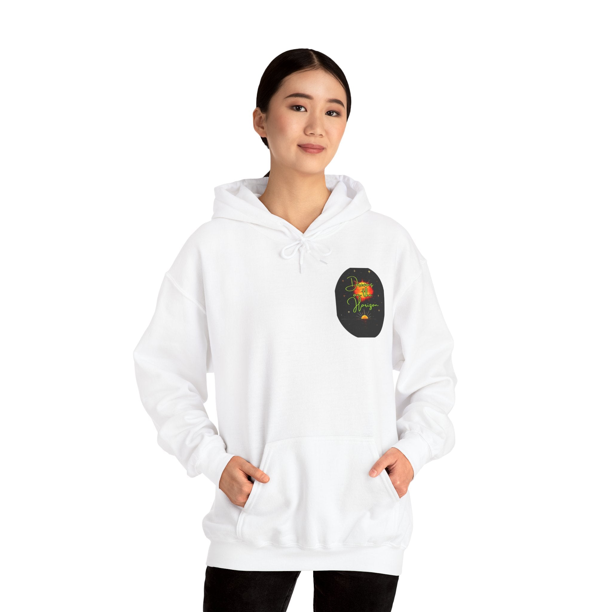 Dreams on the Horizon (Lemongrass) Sunrise Back Print Hooded Sweatshirt, Inspirational and Motivational Apparel, Gift for Dreamers, Creative Expression Wear