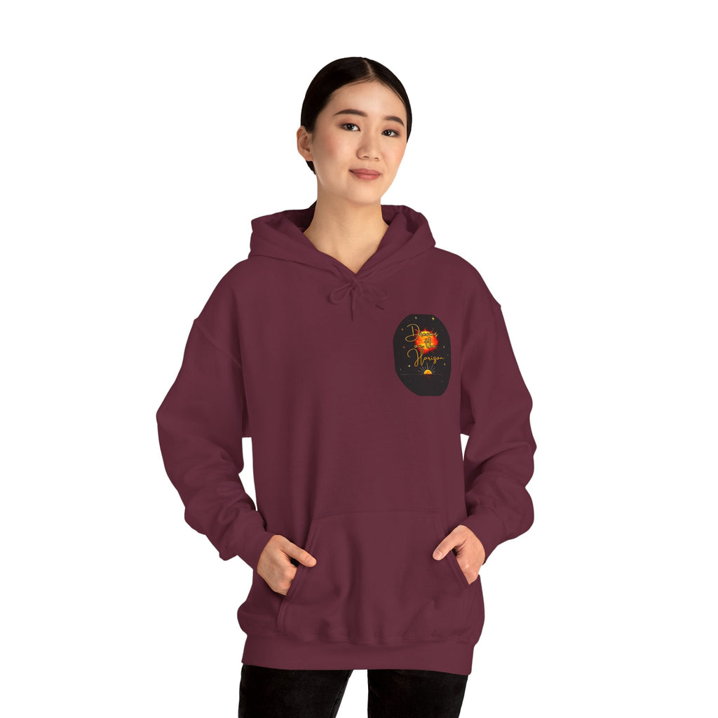 Dreams on the Horizon Sunrise Back Print Hooded Sweatshirt, Inspirational and Motivational Apparel, Gift for Dreamers, Creative Expression Wear