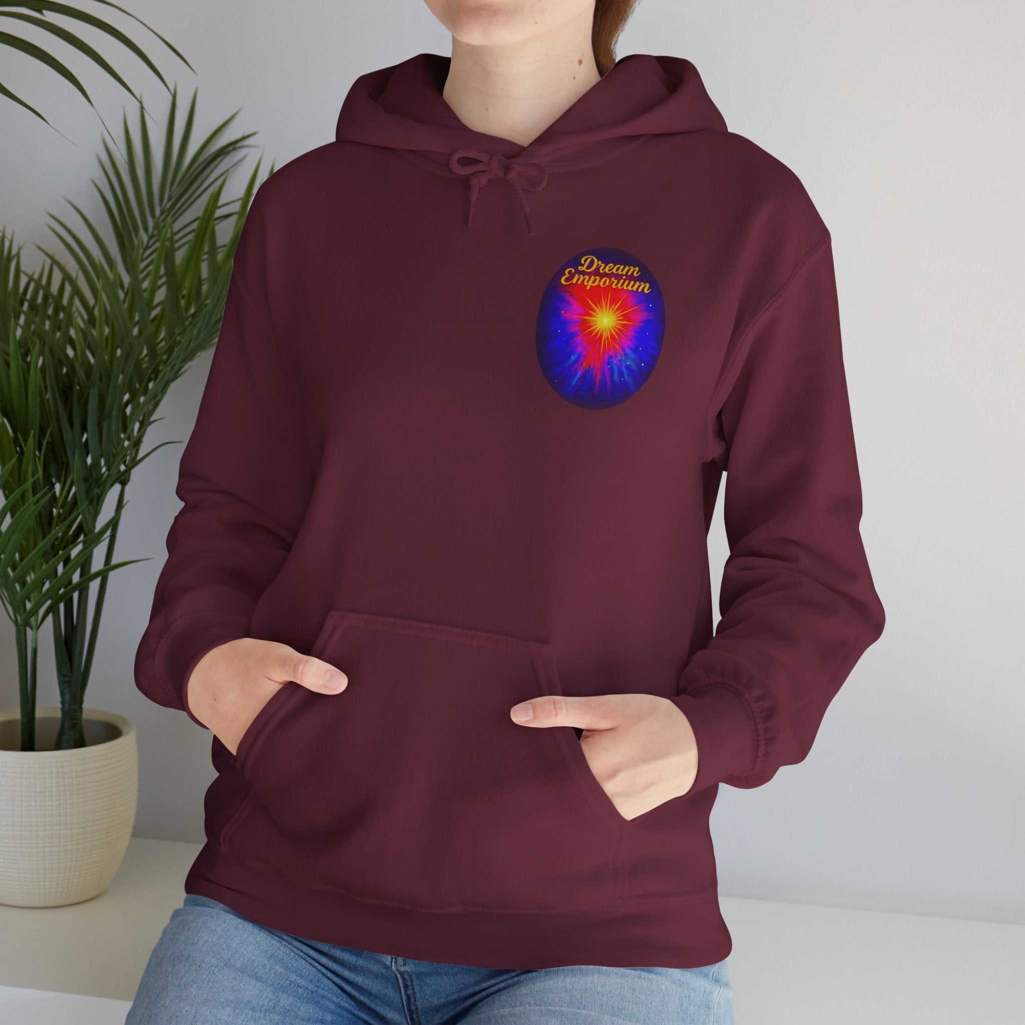 Dream Emporium – Back Printed Radiant Starburst Heavy Blend™ Hooded Sweatshirt, Inspirational and Motivational Apparel, Gift for Dreamers, Creative Expression Wear