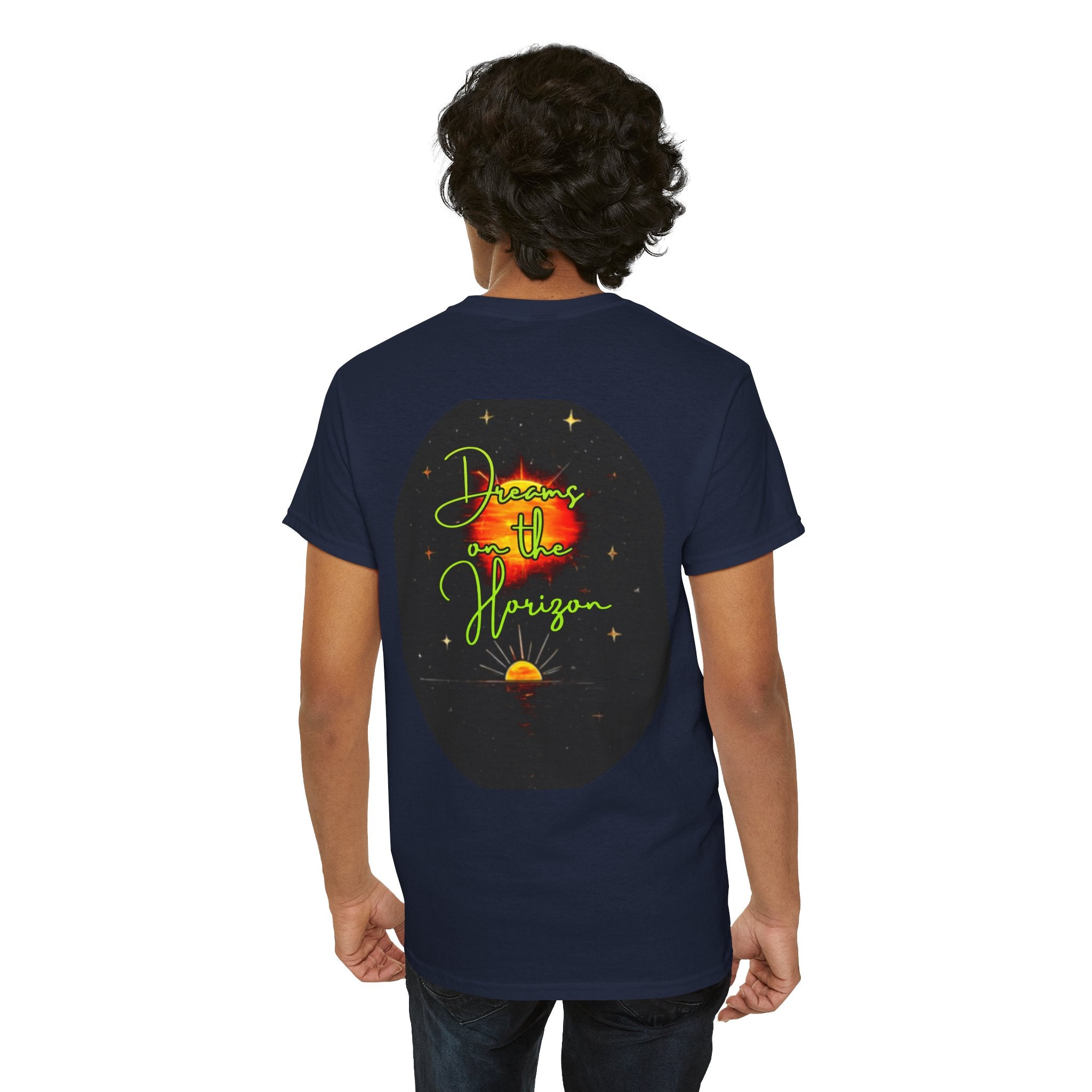 Dreams on the Horizon (Lemongrass) – Sunrise Back-Print Heavy Cotton Tee, Inspirational and Motivational Apparel, Gift for Dreamers, Creative Expression Wear