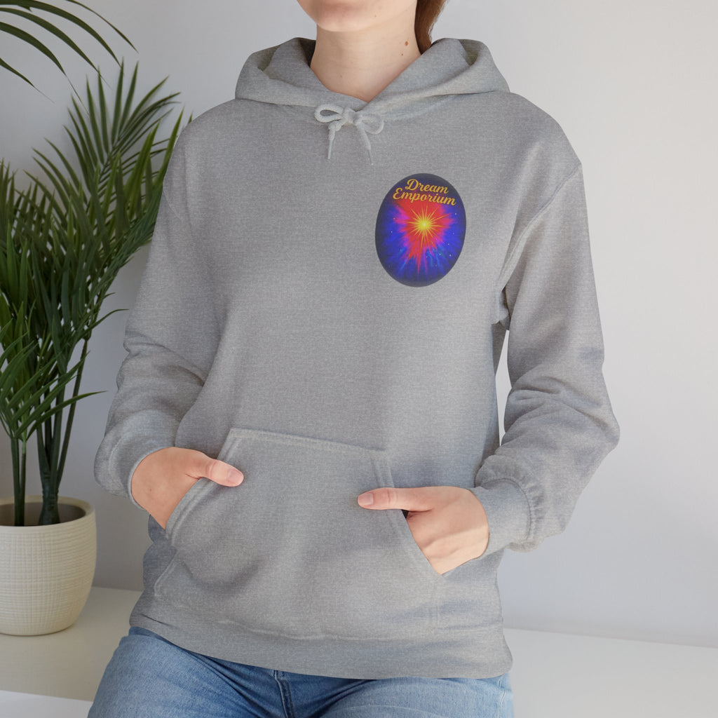 Dream Emporium – Back Printed Radiant Starburst Heavy Blend™ Hooded Sweatshirt, Inspirational and Motivational Apparel, Gift for Dreamers, Creative Expression Wear