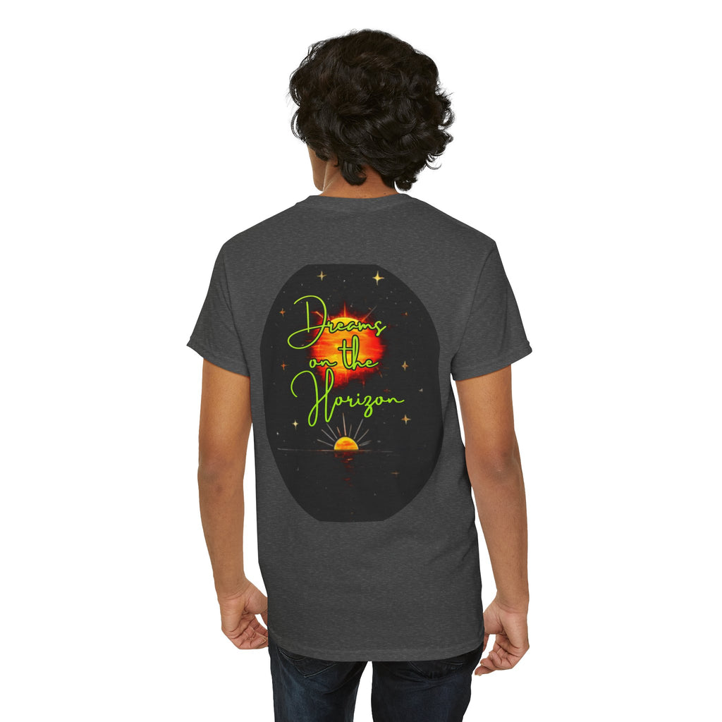 Dreams on the Horizon (Lemongrass) – Sunrise Back-Print Heavy Cotton Tee, Inspirational and Motivational Apparel, Gift for Dreamers, Creative Expression Wear