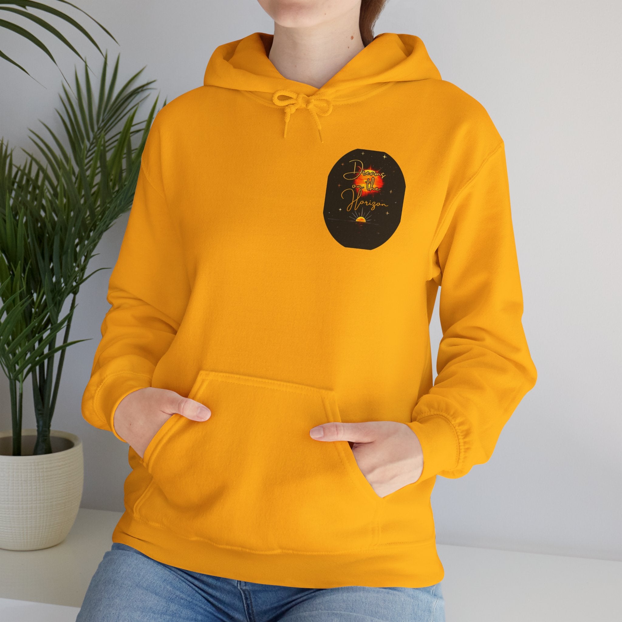 Dreams on the Horizon Sunrise Back Print Hooded Sweatshirt, Inspirational and Motivational Apparel, Gift for Dreamers, Creative Expression Wear