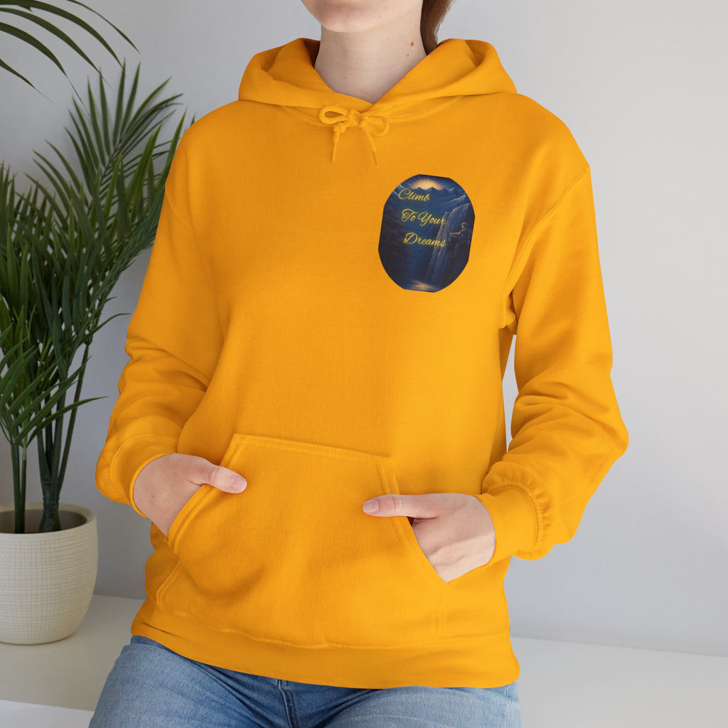 Climb To Your Dreams - Mountain Sunrise Hoodie | Back Glow Print + Front Badge | Heavy Blend™, Inspirational and Motivational Apparel, Gift for Dreamers, Creative Expression Wear