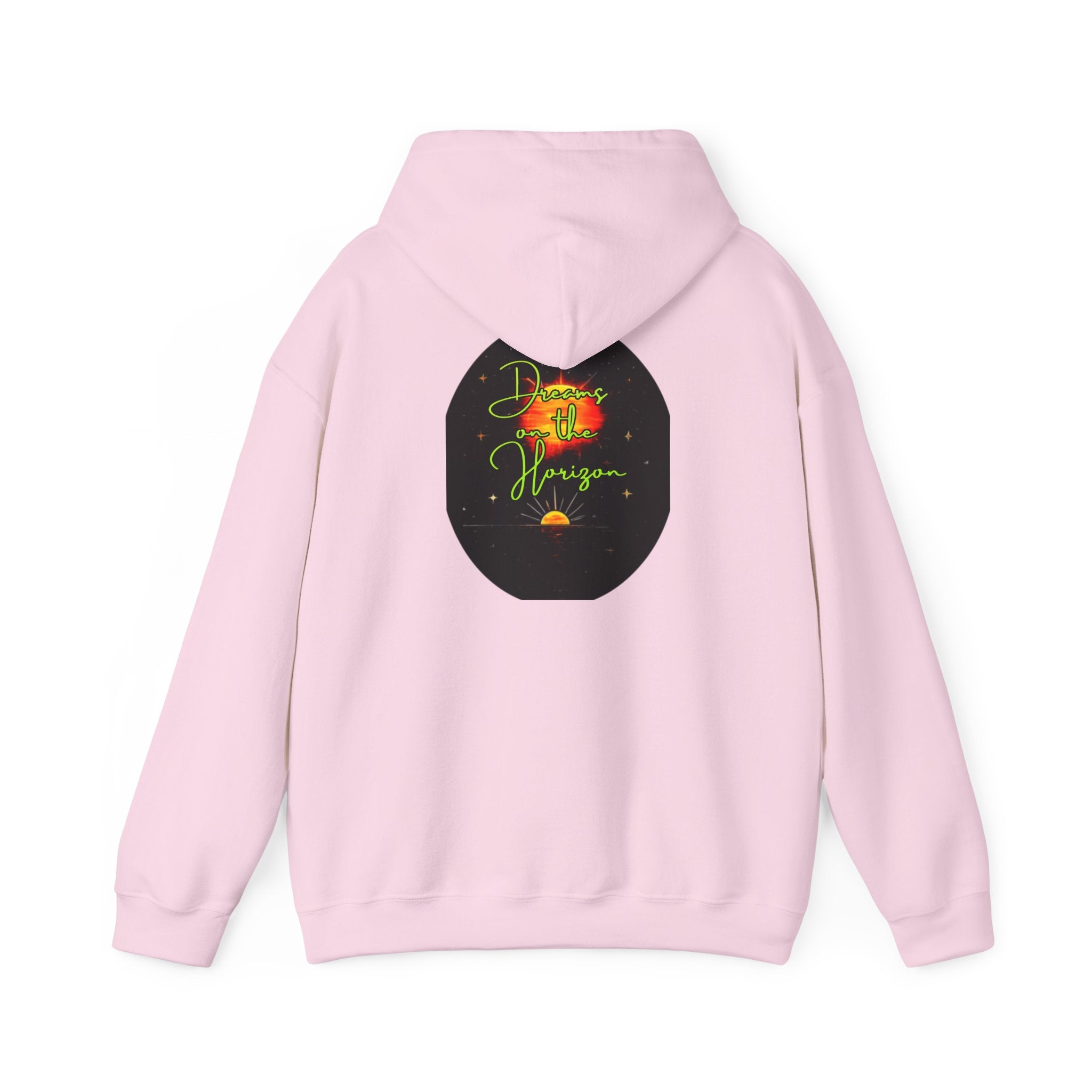 Dreams on the Horizon (Lemongrass) Sunrise Back Print Hooded Sweatshirt, Inspirational and Motivational Apparel, Gift for Dreamers, Creative Expression Wear