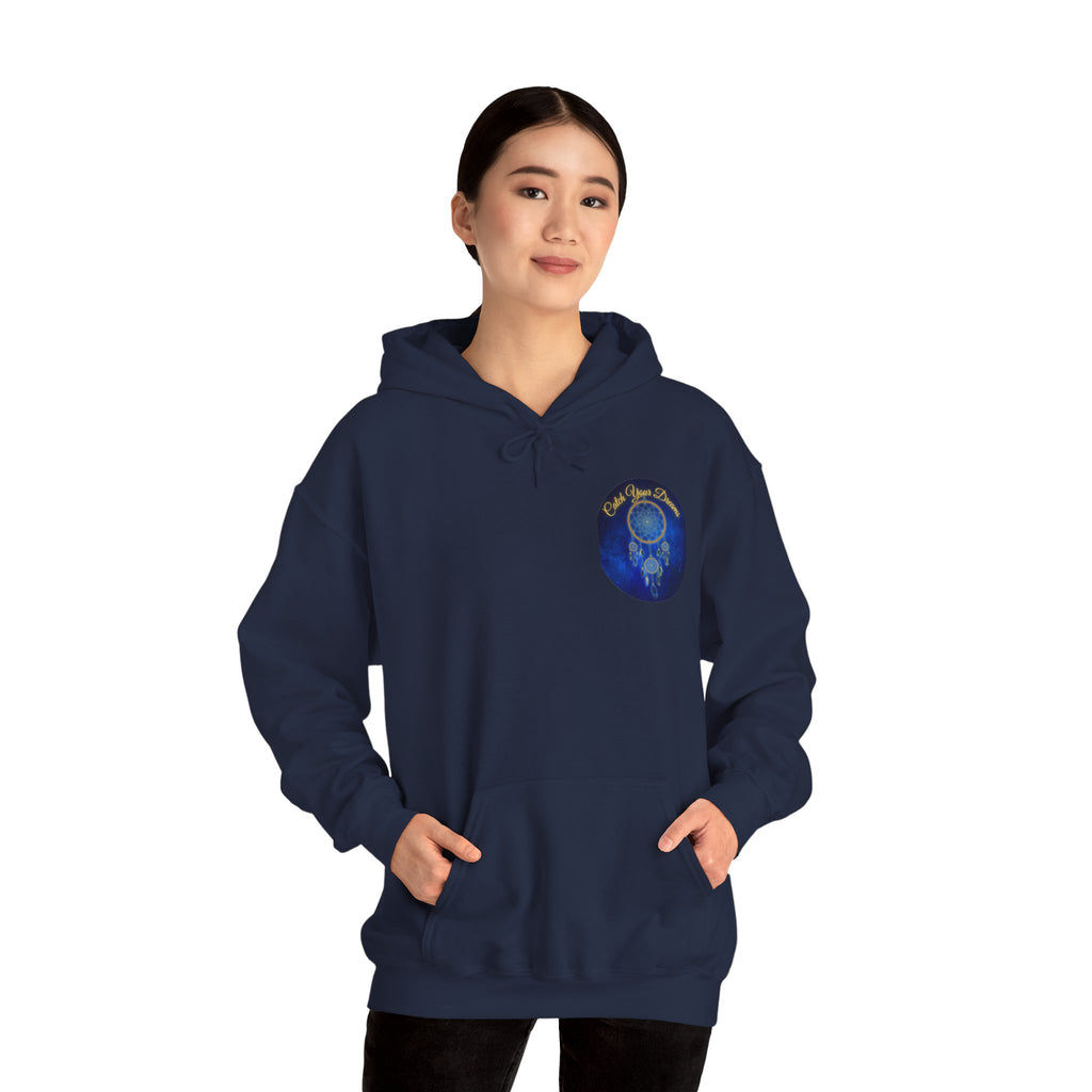 Catch Your Dream – Dreamcatcher Back Print Hooded Sweatshirt, Inspirational and Motivational Apparel, Gift for Dreamers, Creative Expression Wear
