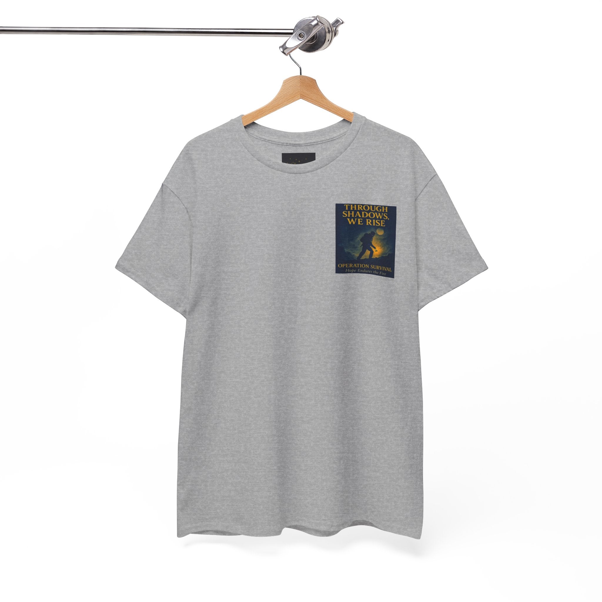 Through Shadows, We Rise - Back-print Cinematic Artwork Operation Survival Tee. Inspirational and Motivational Apparel, Gift for Dreamers, Creative Expression Wear