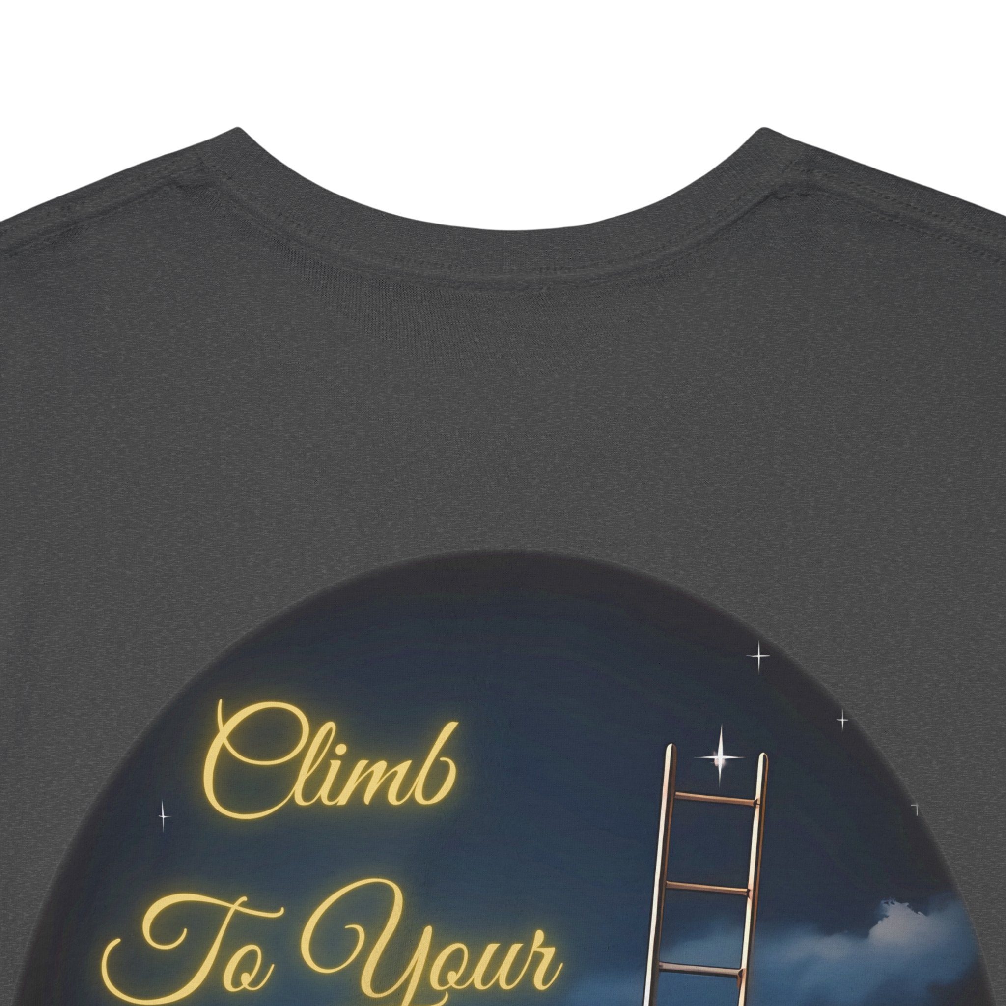 Climb To Your Dreams – Starry Night Ladder Back-Print Tee + Front Badge | Gildan 5000, Inspirational and Motivational Apparel, Gift for Dreamers, Creative Expression Wear