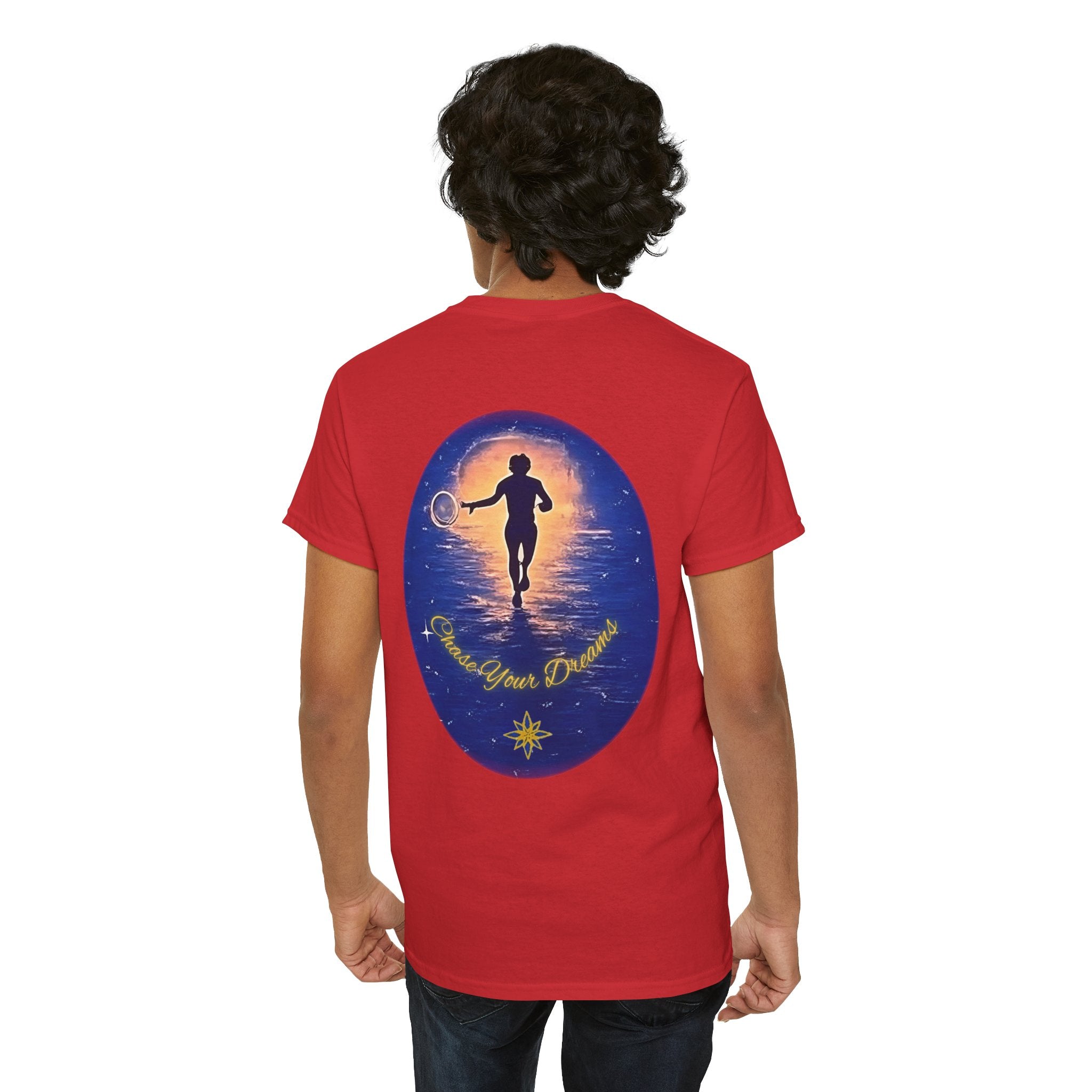 Chase Your Dreams – Sunrise Silhouette Back Printed Heavy Cotton Tee, Inspirational and Motivational Apparel, Gift for Dreamers, Creative Expression Wear
