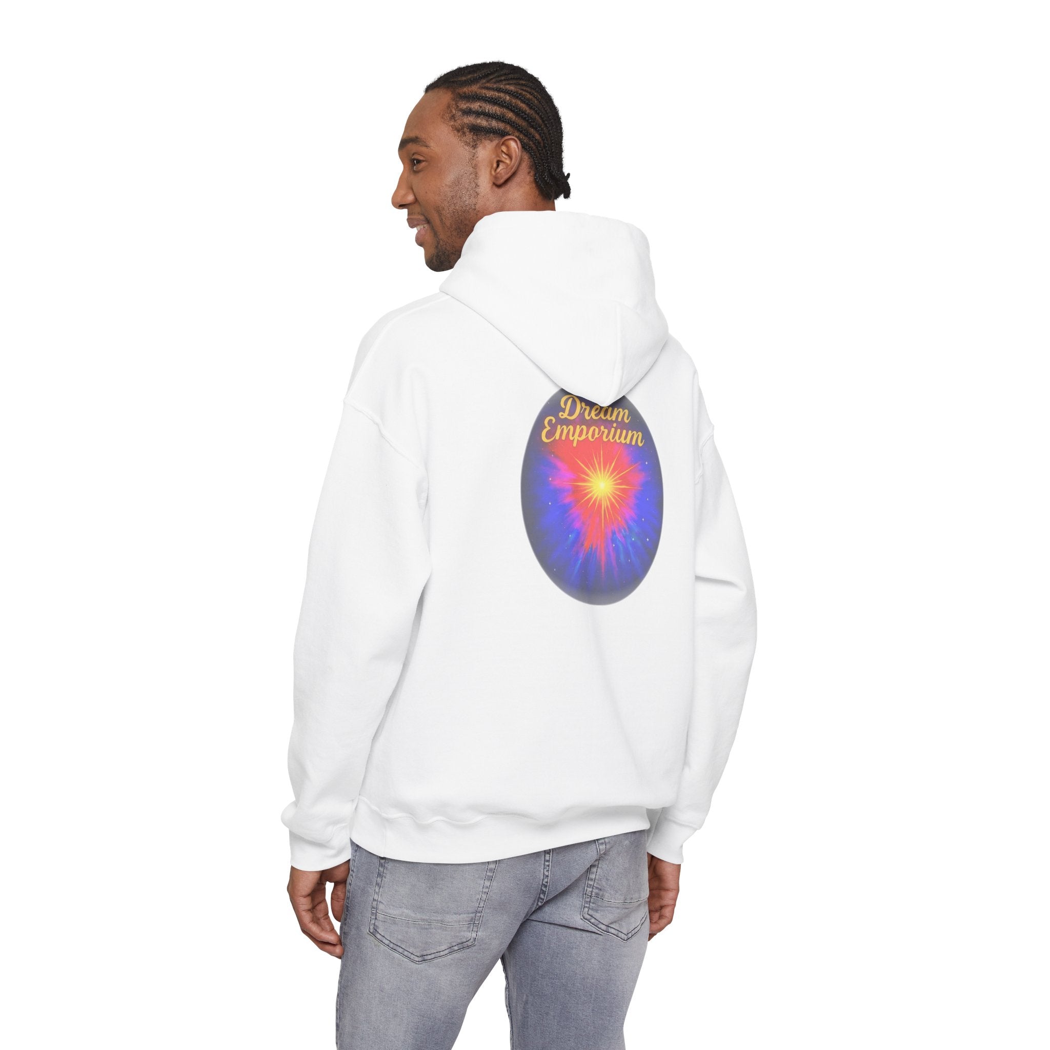 Dream Emporium – Back Printed Radiant Starburst Heavy Blend™ Hooded Sweatshirt, Inspirational and Motivational Apparel, Gift for Dreamers, Creative Expression Wear