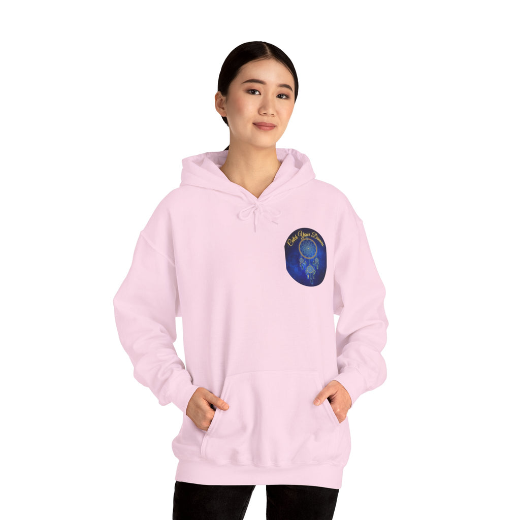 Catch Your Dream – Dreamcatcher Back Print Hooded Sweatshirt, Inspirational and Motivational Apparel, Gift for Dreamers, Creative Expression Wear