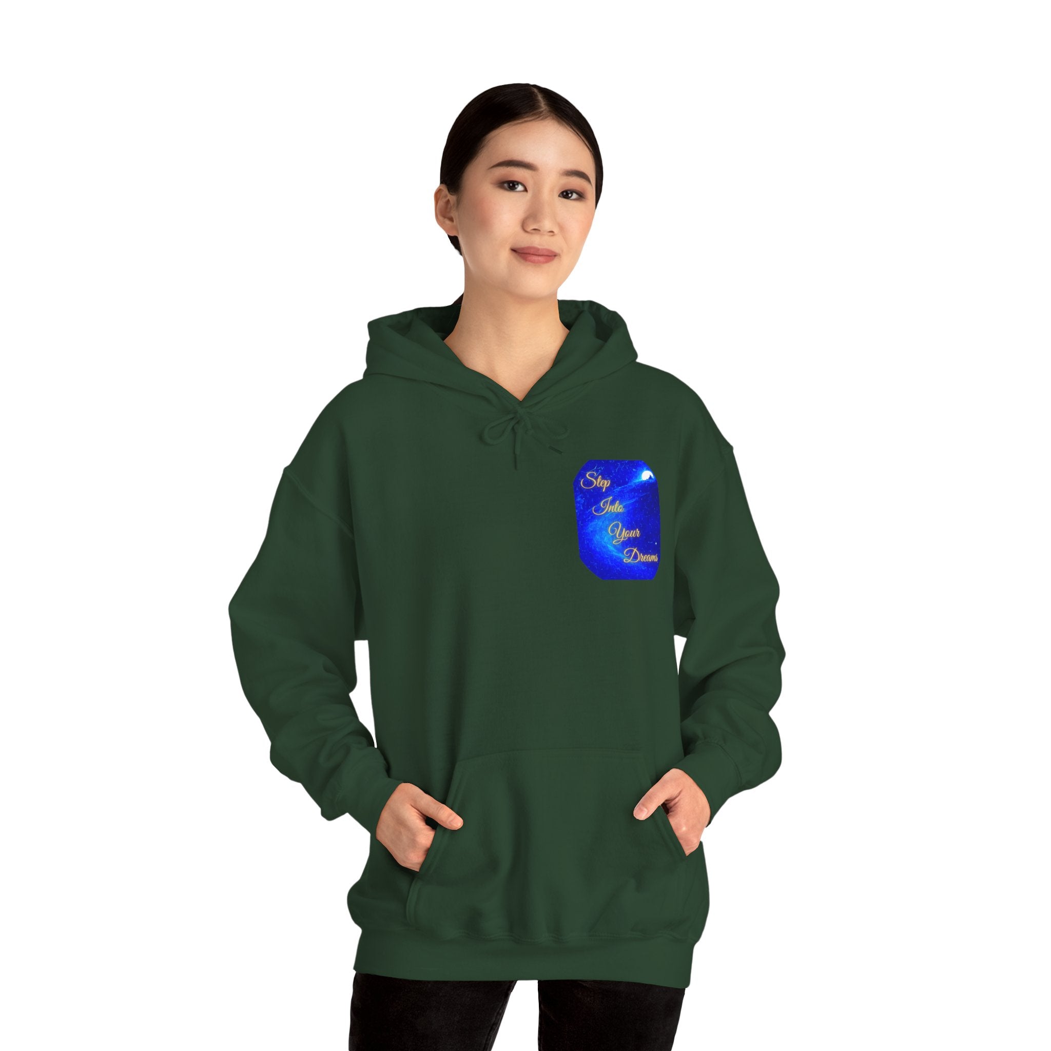 Step Into Your Dreams – Cosmic Gateway Back-print Hoodie | Tiny front badge | Gildan Heavy Blend™. Inspirational and Motivational Apparel, Gift for Dreamers, Creative Expression