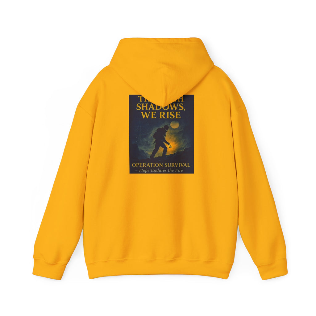 Through Shadows, We Rise – Back-print Cinematic Artwork Operation Survival Hoodie  | Gildan Heavy Blend™ 18500 — Inspirational and Motivational Apparel, Gift for Dreamers, Creative Expression Wear