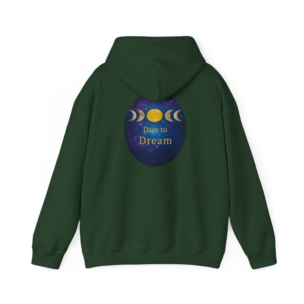 Dare to Dream Moon-Phase Hoodie | Back Glow Print + Front Badge | Heavy Blend™, Inspirational and Motivational Apparel, Gift for Dreamers, Creative Expression Wear