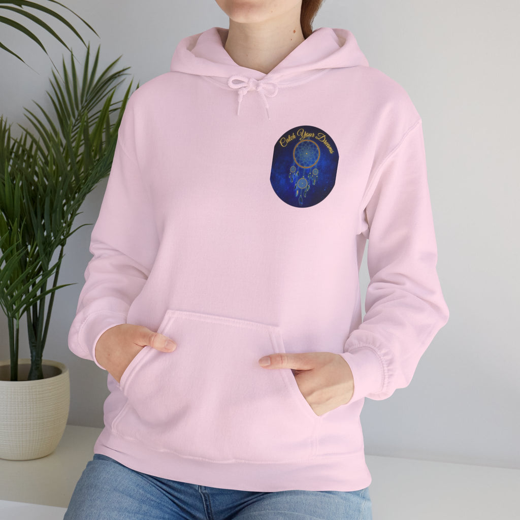 Catch Your Dream – Dreamcatcher Back Print Hooded Sweatshirt, Inspirational and Motivational Apparel, Gift for Dreamers, Creative Expression Wear
