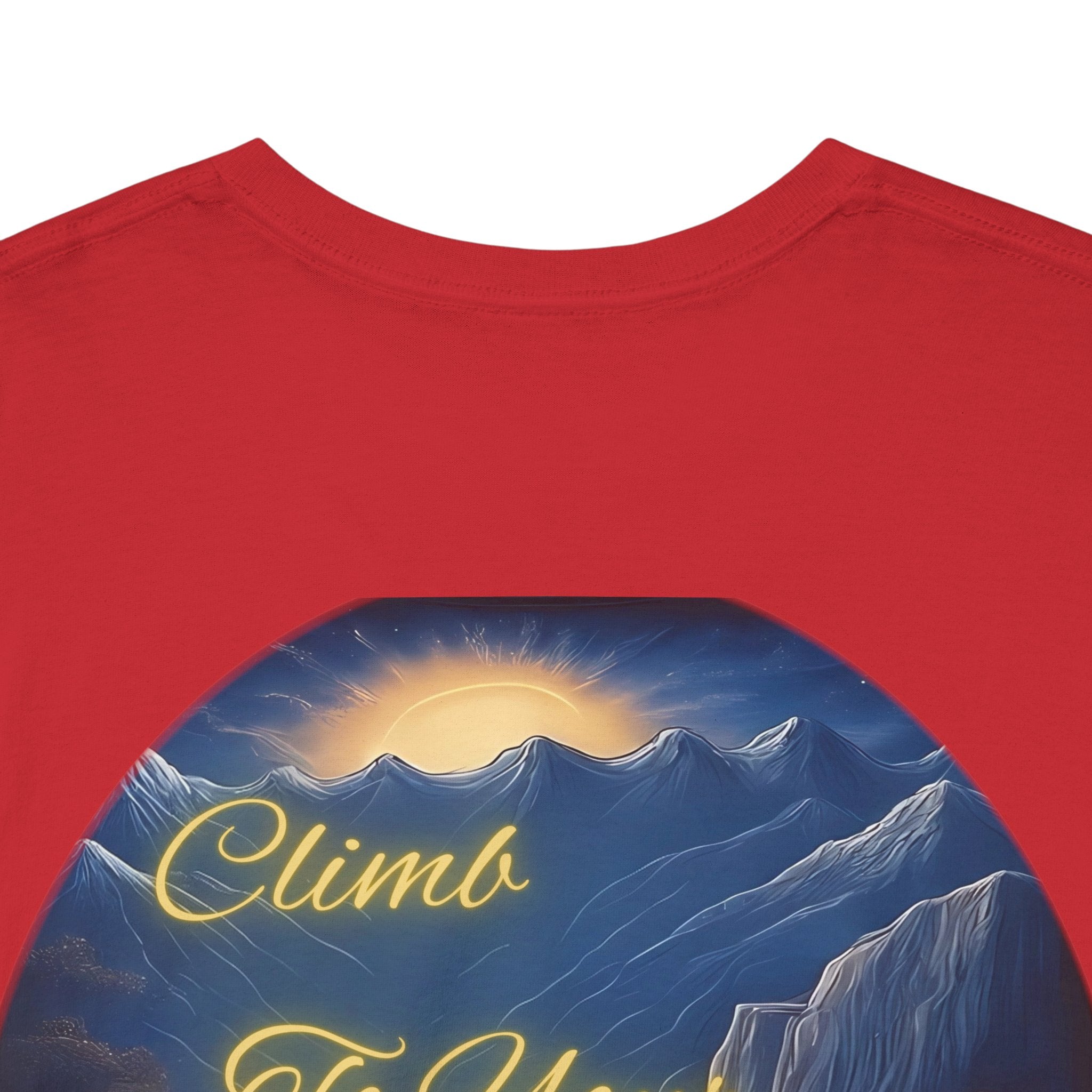 Climb To Your Dreams – Rock Climber Back-Print Tee + Front Badge | Gildan 5000, Inspirational and Motivational Apparel, Gift for Dreamers, Creative Expression Wear
